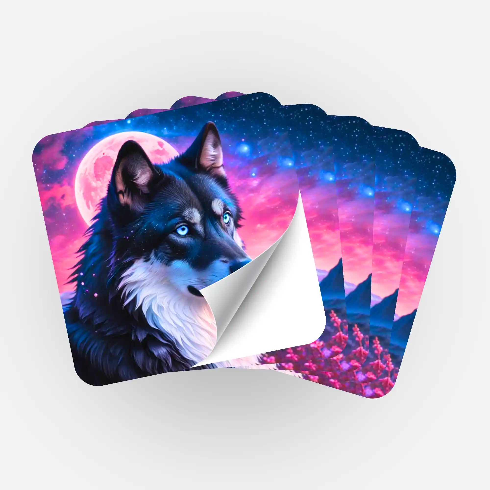 Fünfer-Set Sticker Unter dem Erdbeermond mit Wolf-Motiv zur Organisation von Diamond Painting und Malen nach Zahlen
