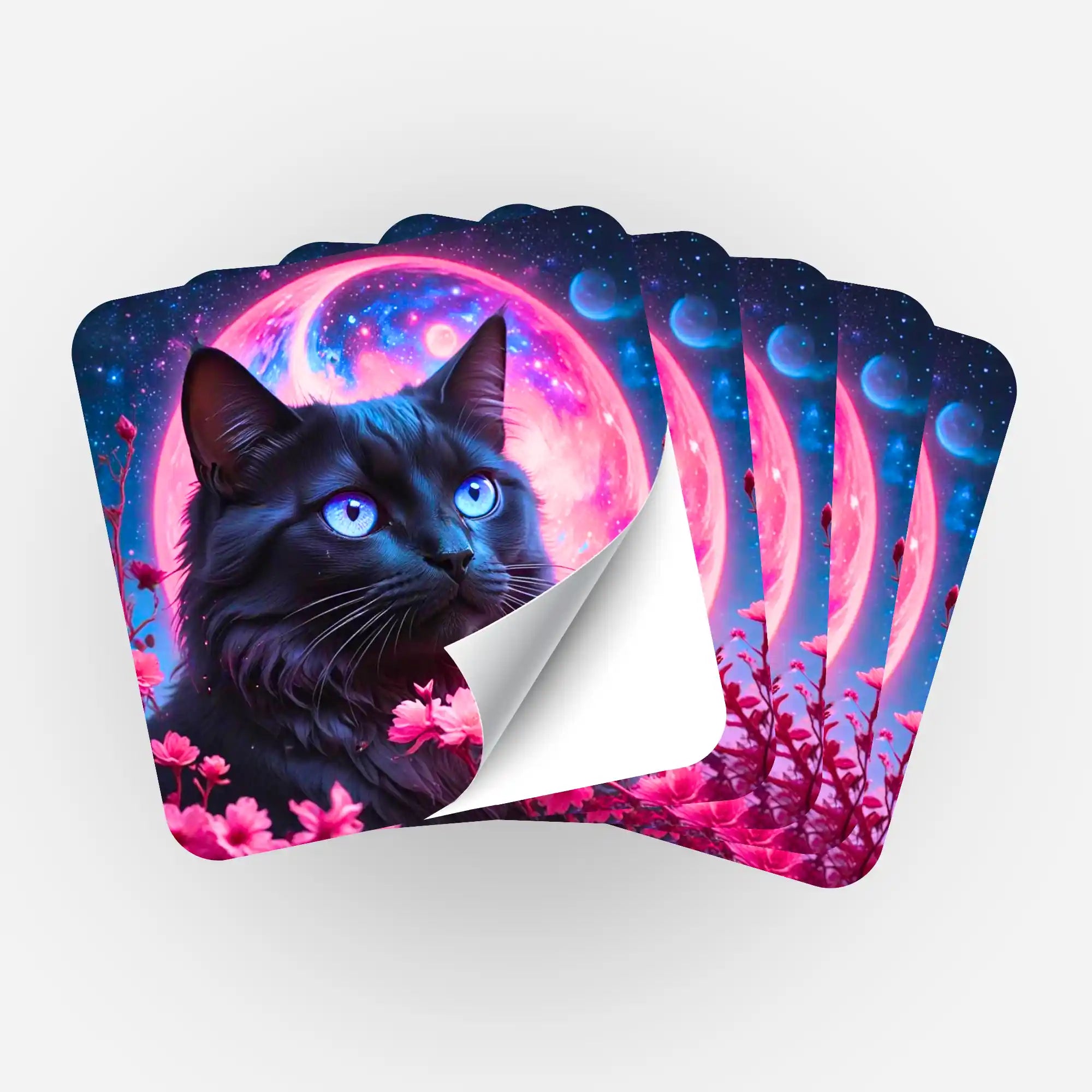 Fünfer-Set Aufkleber Nacht aus Samt für Diamond Painting, schwarze Katze mit pinkem Vollmond und leuchtenden Blumen.
