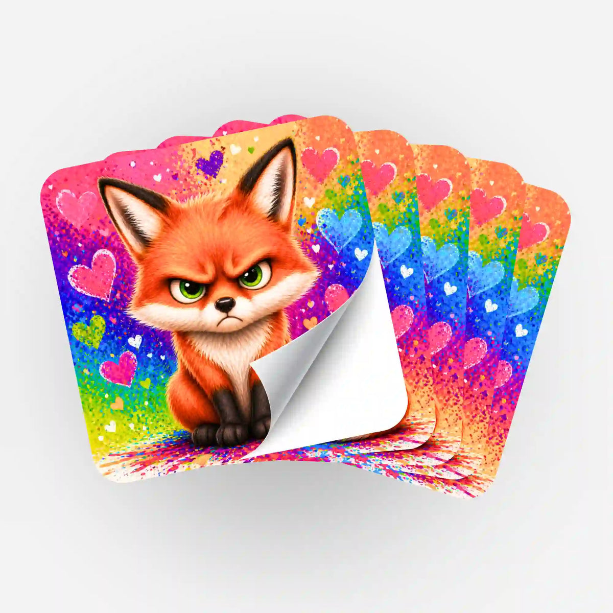 5er-Set Miesefuchs Aufkleber für Diamond Painting Fans mit buntem Fuchs-Motiv und Herzen auf hochwertigen Stickern