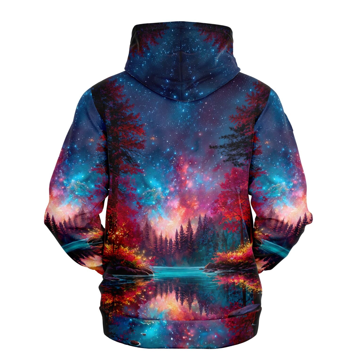 Dreamer Hoodie mit farbenfrohem Galaxy-Motiv, Waldlandschaft und See, perfekt für Fans von Malen nach Zahlen und Kunst.