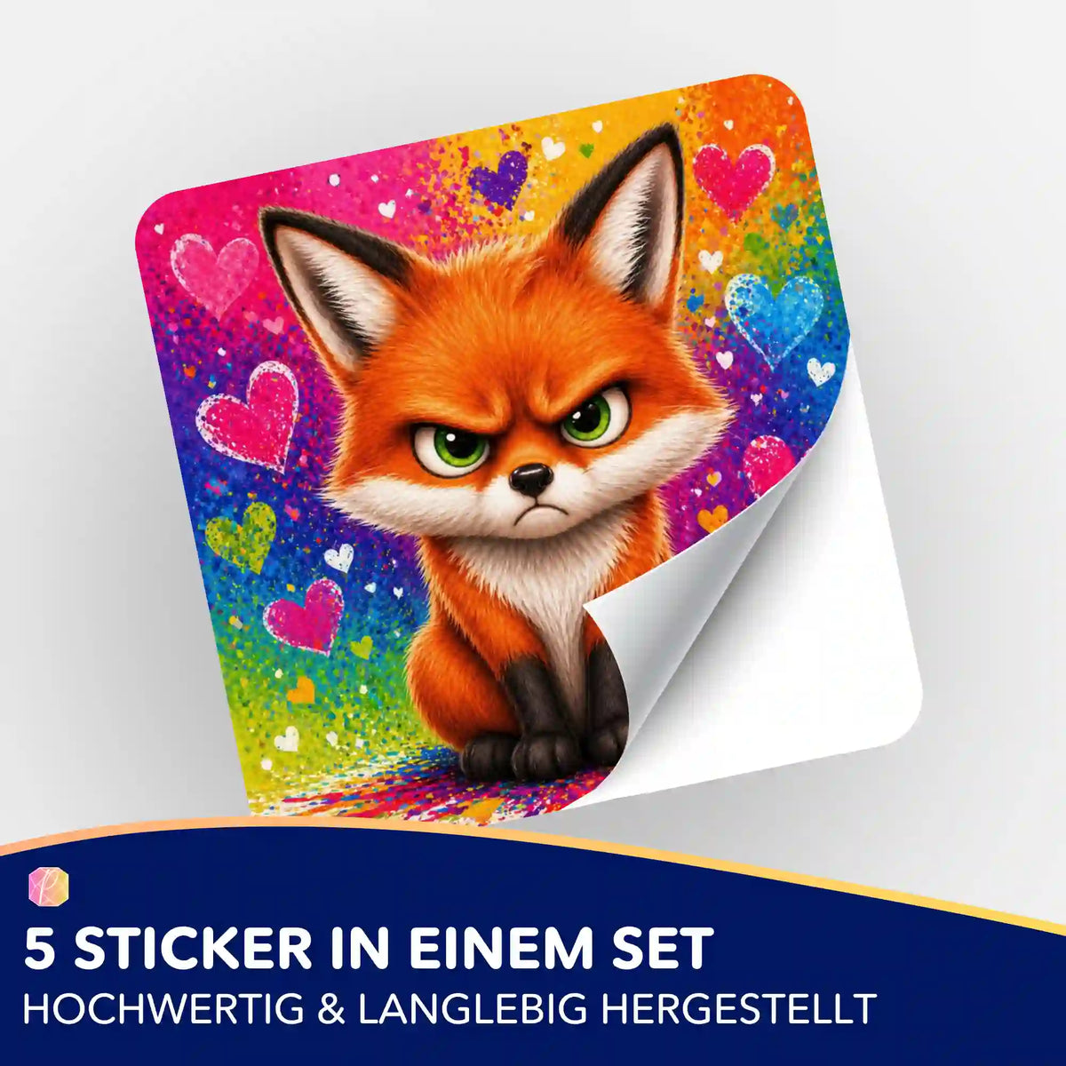 Miesefuchs Aufkleber-Set für Diamond Painting Zubehör – 5 bunte Sticker mit niedlichem Fuchs-Motiv und Herzen