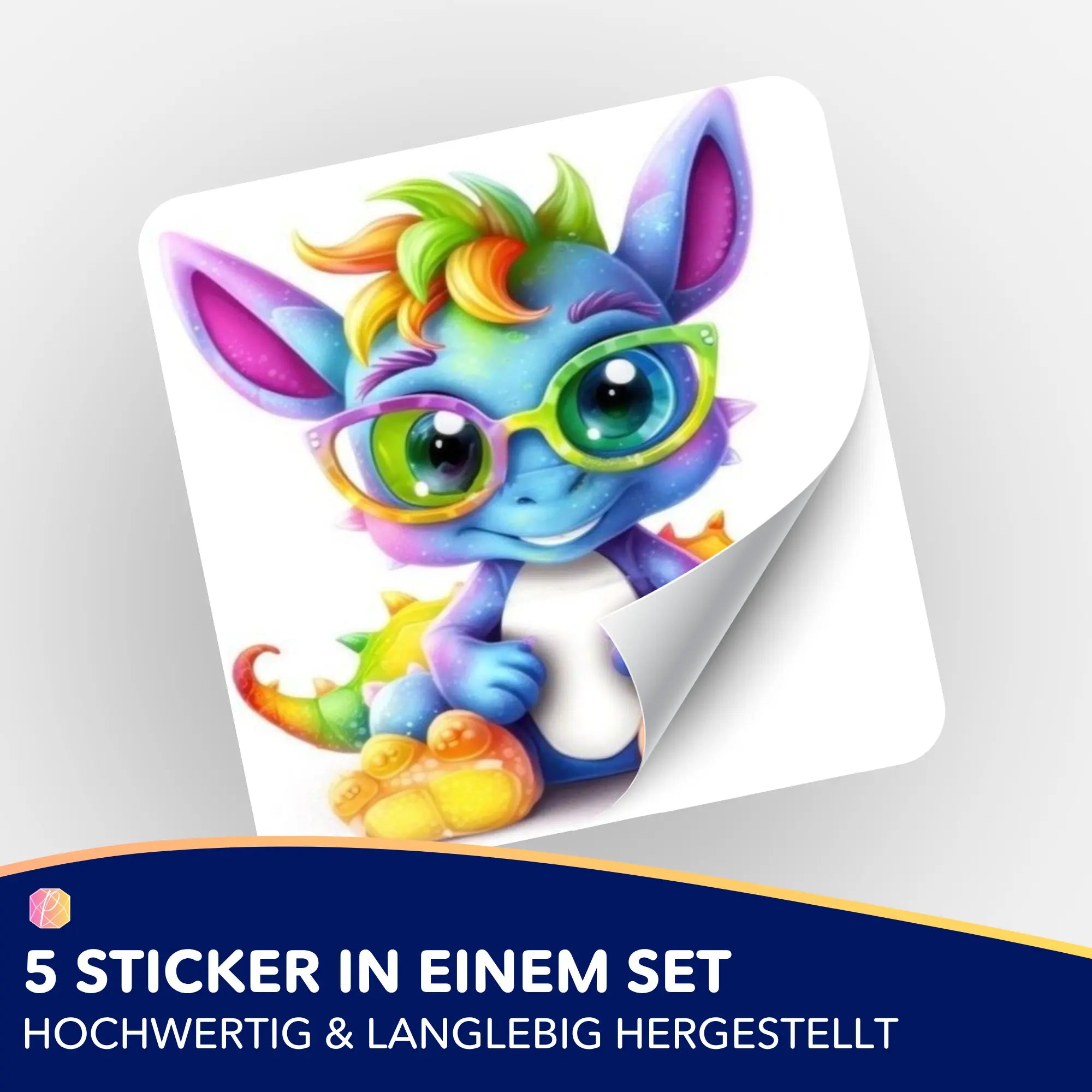 5er-Set Aufkleber Schlaubi Drache für Diamond Painting und Bastelbedarf, farbenfroher Drachen-Sticker mit Brille