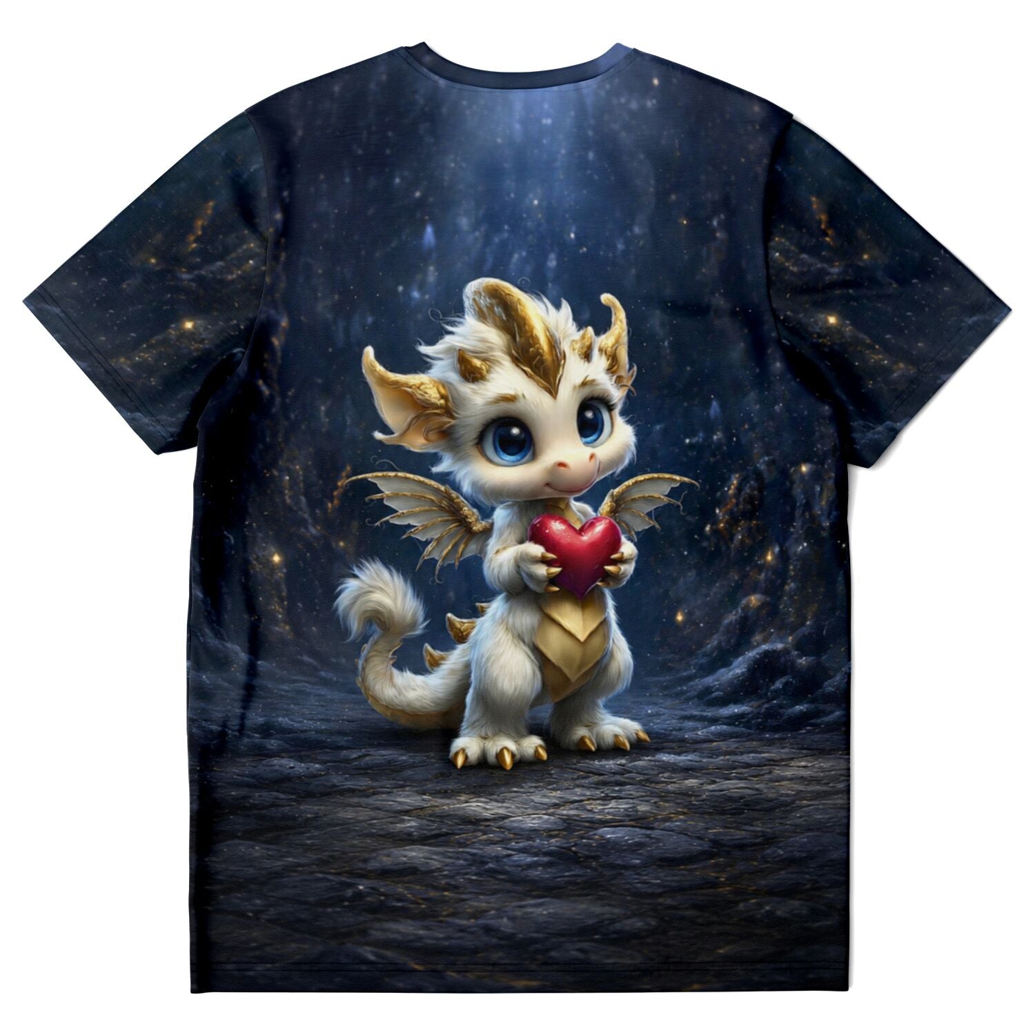 T-Shirt mit süßem Drachen Motiv, das ein Herz hält – perfekt als Fan-Merch für Diamond Painting und Fantasy-Liebhaber
