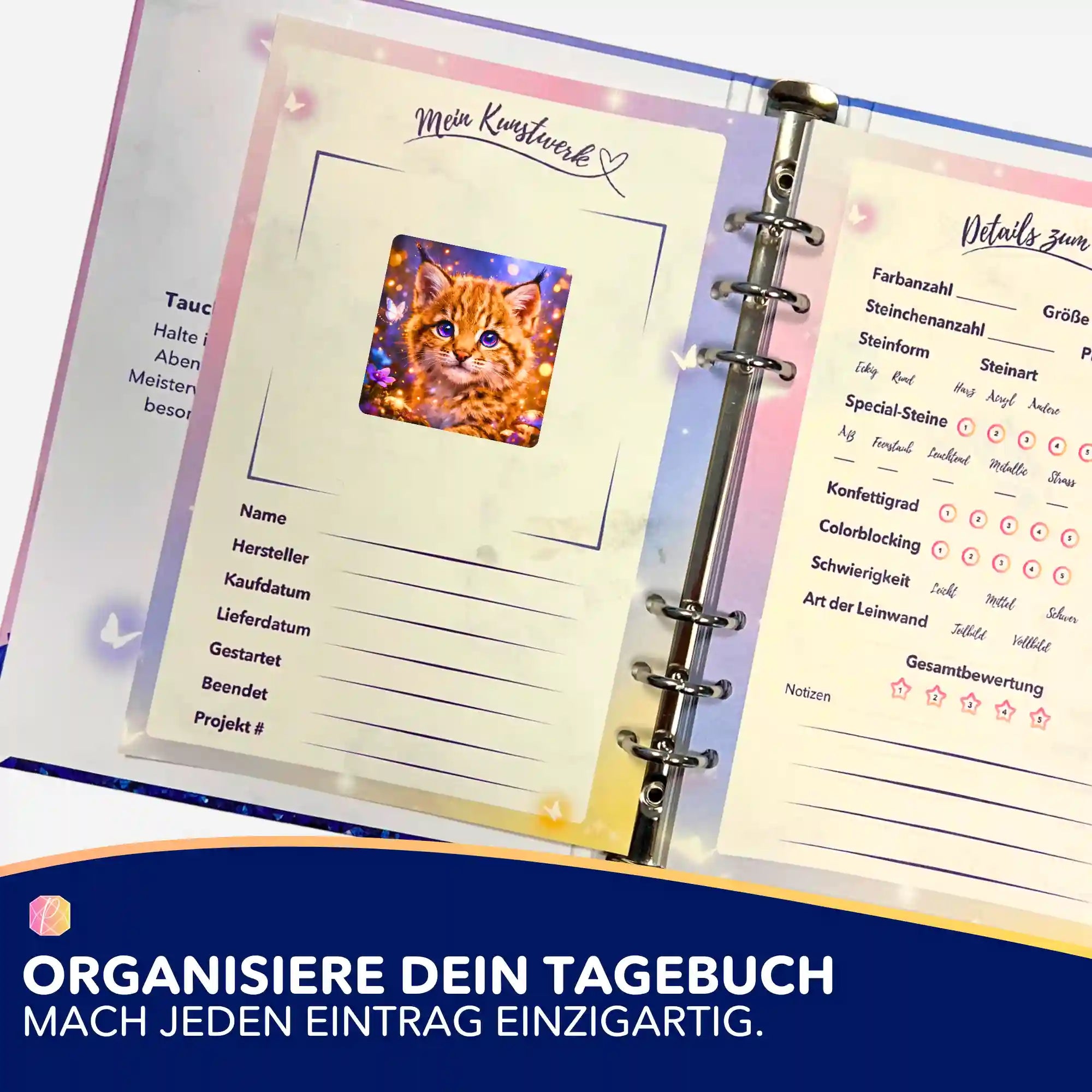 Picmondoo Diamond Painting Aufkleber mit Katzen-Motiv in einem Organisationstagebuch für DIY-Bastelprojekte.