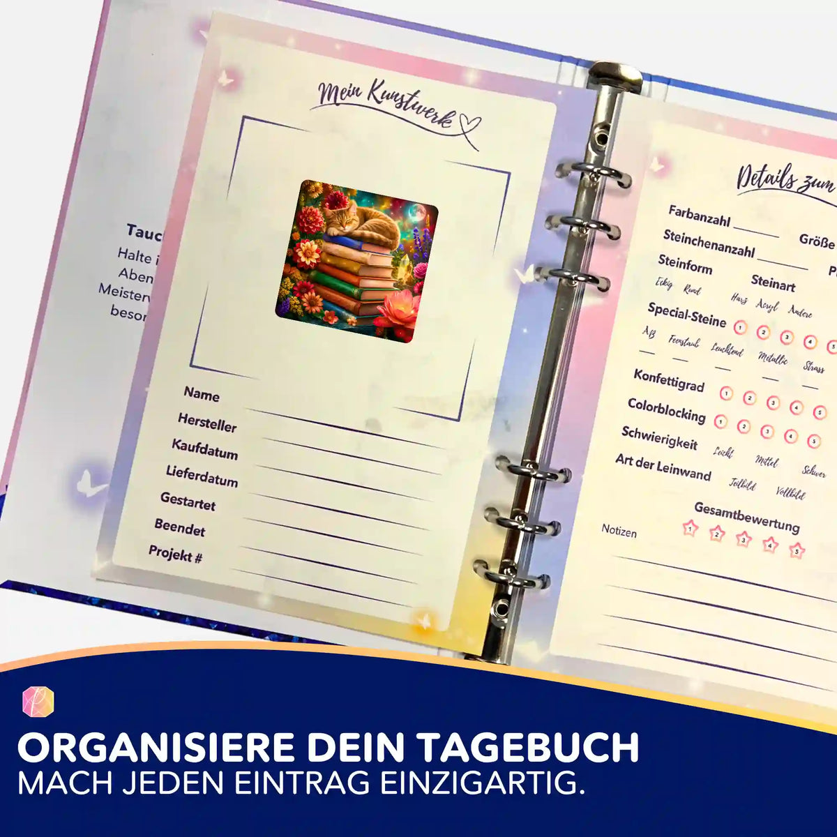 Diamond Painting Tagebuch mit Bücherträumerei Aufkleber: Motiv schlafende Katze auf bunten Büchern.