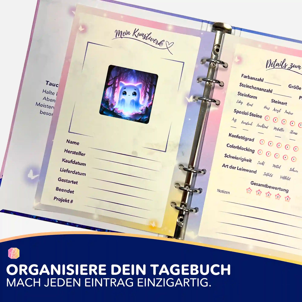 Picmondoo Aufkleber-Set für Diamond Painting Tagebuch zur Organisation von Bastelprojekten mit leuchtendem Katzenmotiv