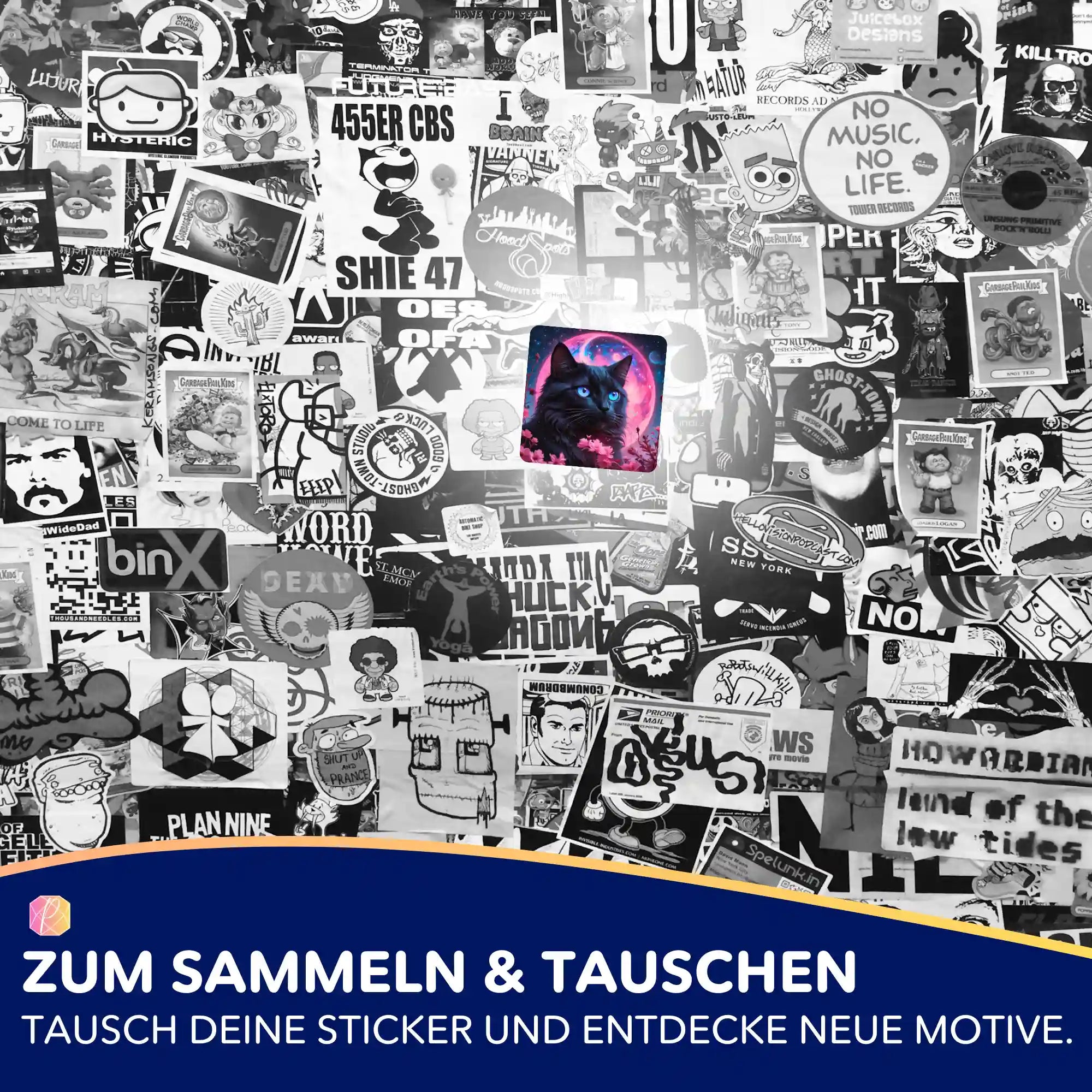 Picmondoo Diamond Painting Aufkleber-Set mit buntem Katzen-Sticker vor einer Collage aus verschiedenen Schwarz-Weiß-Stickern