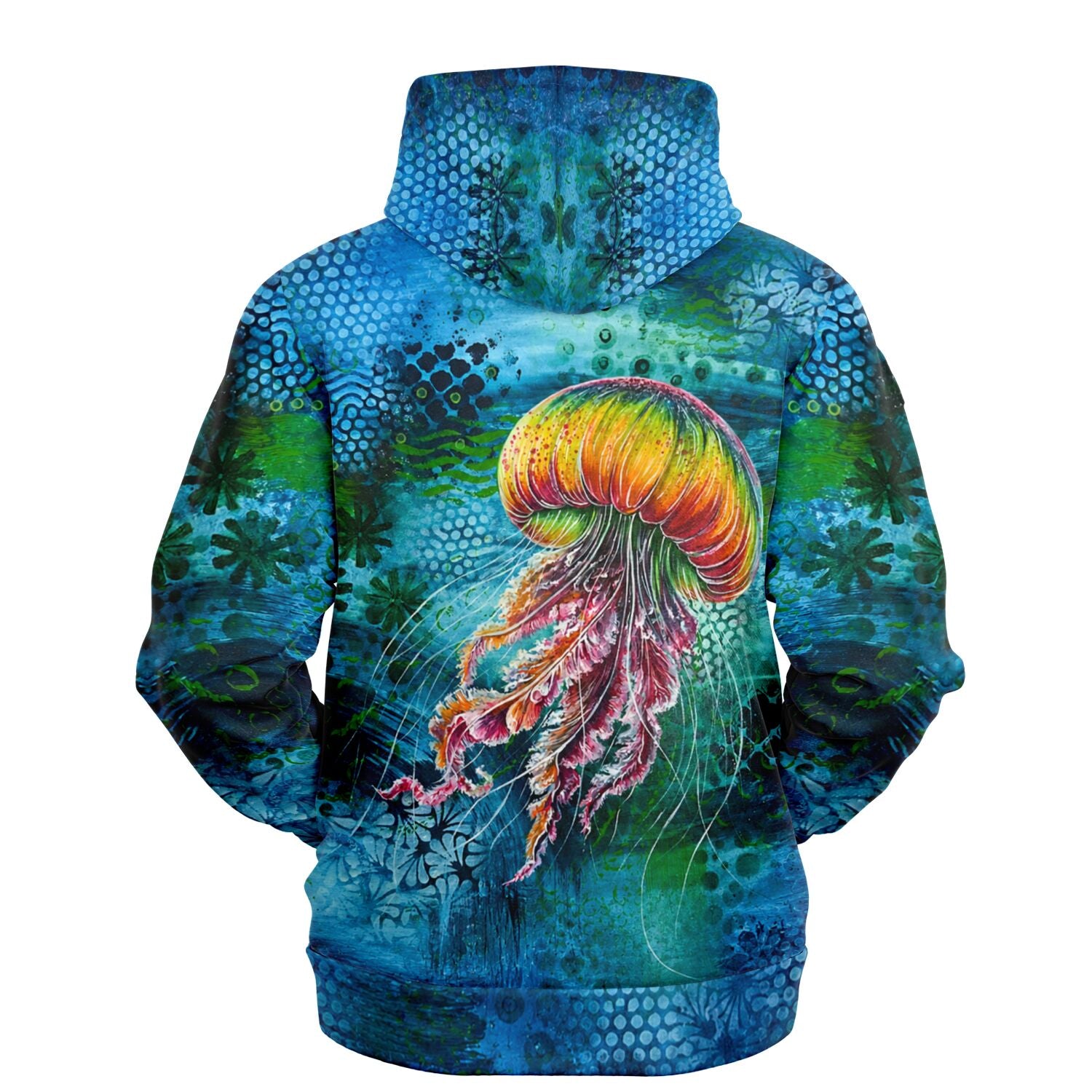 Dreamer Hoodie Medusa Solaris im künstlerischen Quallen-Design mit leuchtenden Farben auf blauem Untergrund