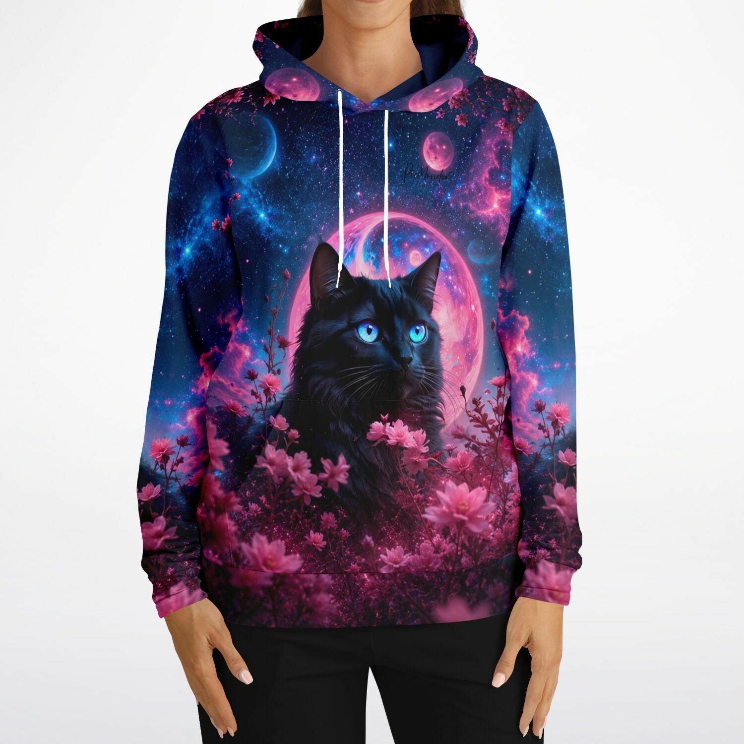 Hoodie mit schwarzer Katze, blauen Augen und pinken Blumen in einer Weltraum-Nacht, inspiriert von Diamond Painting Motiven