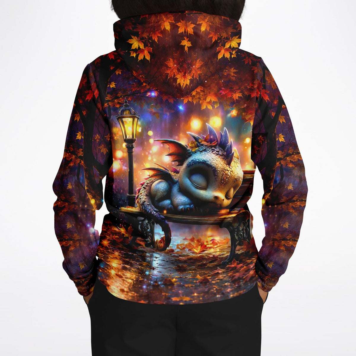 Dreamer Hoodie Lumos Schlummer mit schlafendem Drachen-Motiv in nächtlicher Herbstwald-Szenerie als hochwertiger All-Over-Print