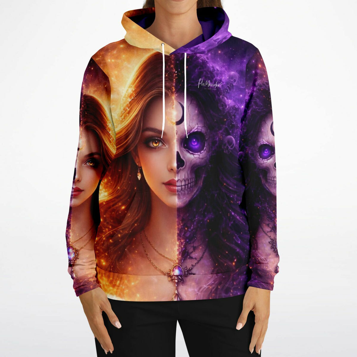 Dreamer Hoodie mit Fantasy-Motiv Halbgesicht Frau und Totenkopf in Gold- und Lilatönen für Fans von Diamond Painting