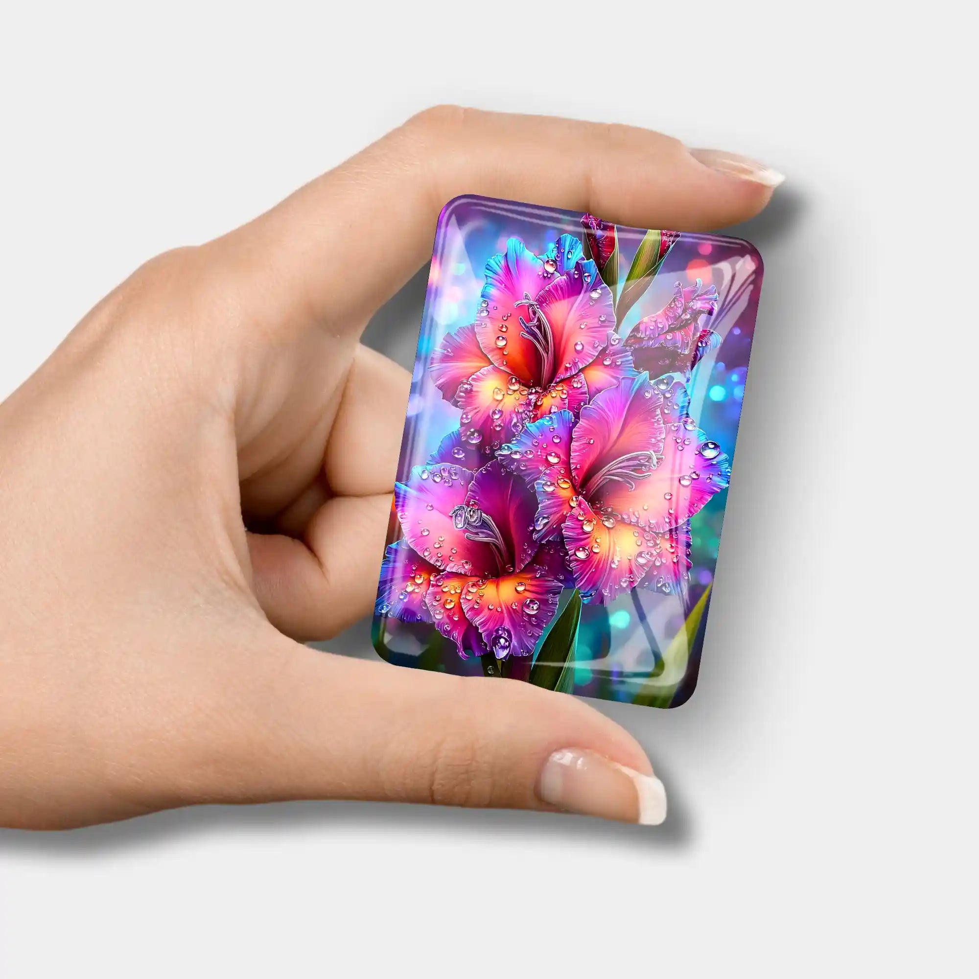 Glas Cover Minder für Diamond Painting mit Blumenmotiv Morgentau und Tautropfen, gehalten in der Hand
