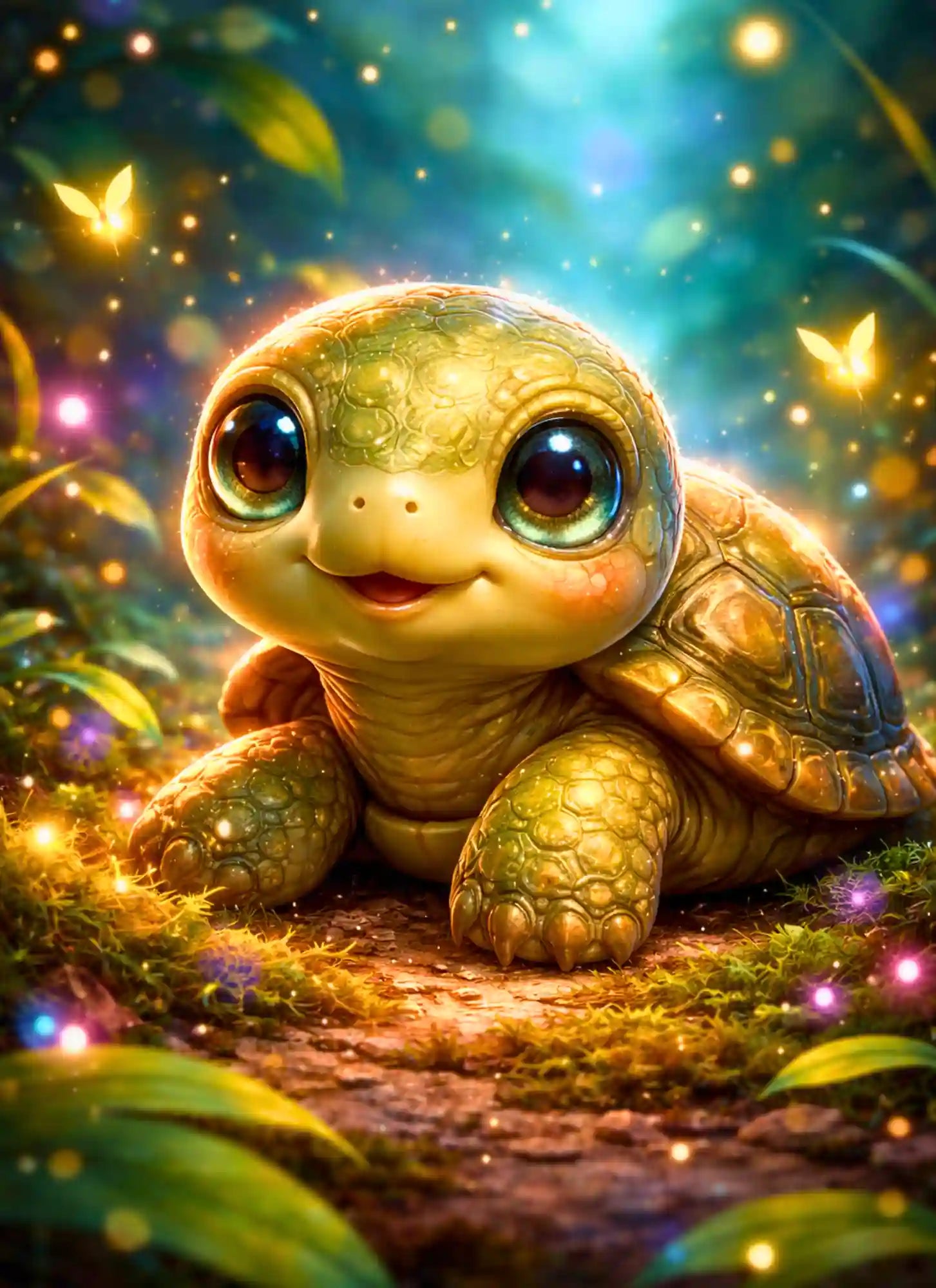 Diamond Painting Set mit niedlicher Baby-Schildkröte im magischen Zauberwald mit leuchtenden Lichteffekten