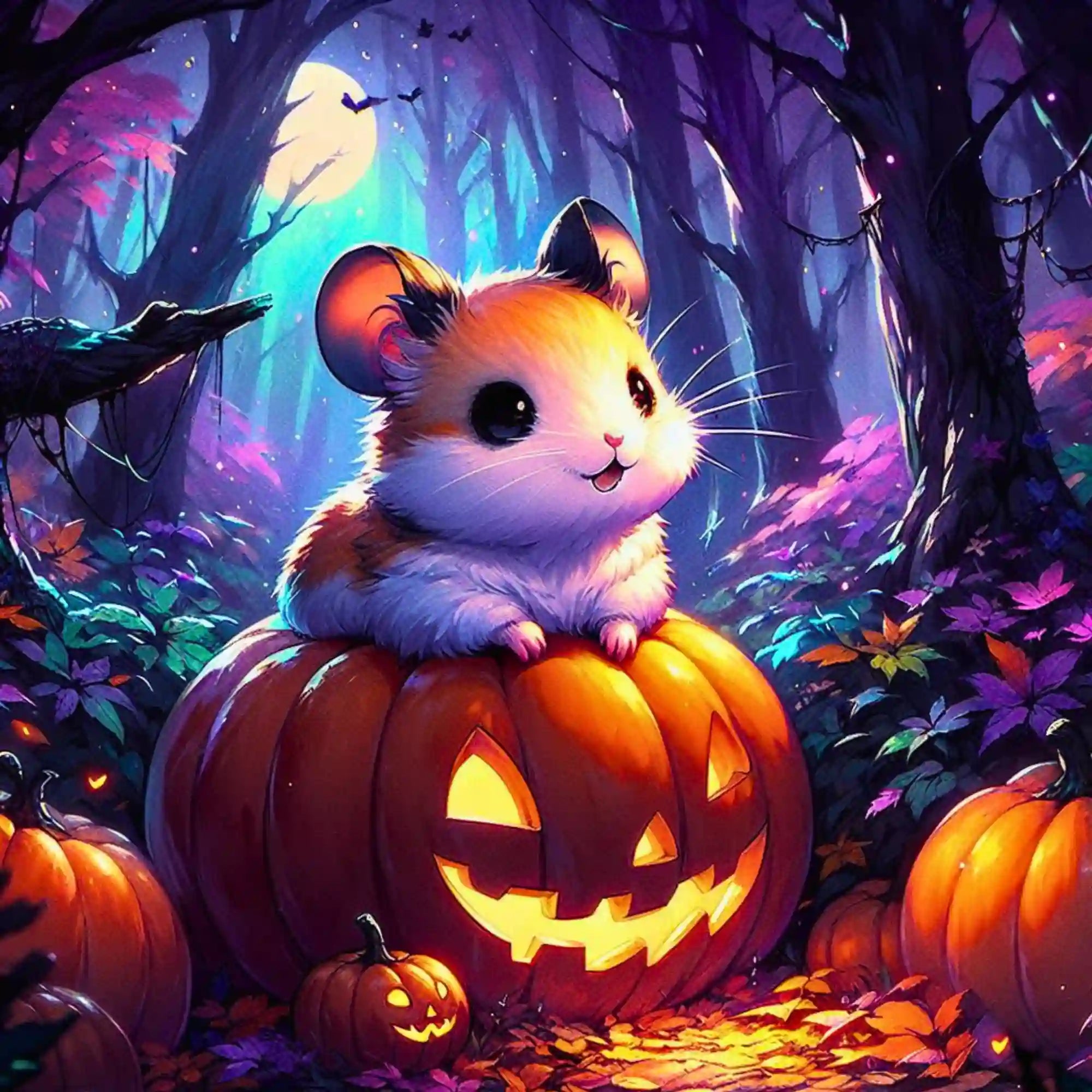 Diamond Painting Set mit süßem Hamster auf einem leuchtenden Halloween Kürbis im magischen Herbstwald bei Nacht