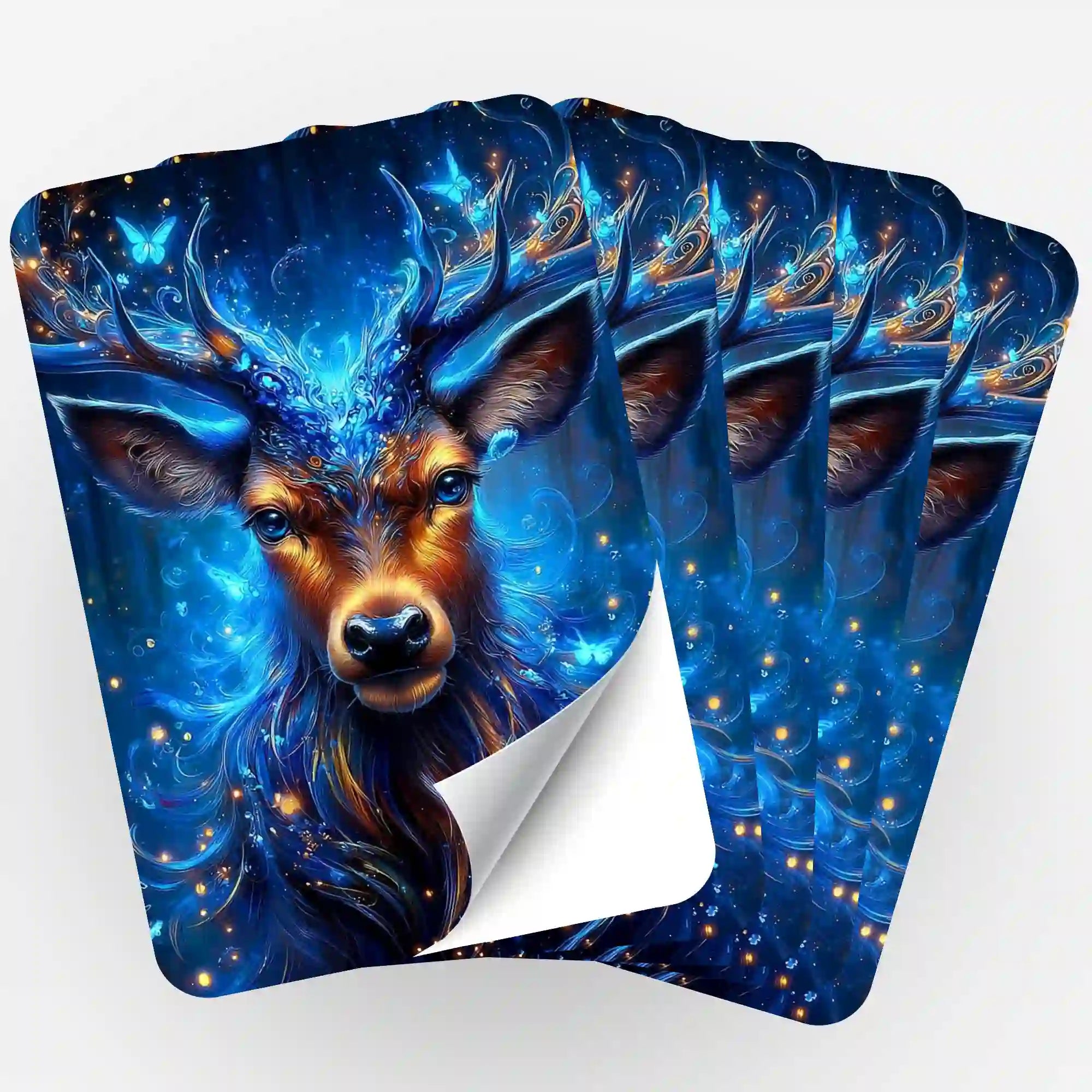 5er-Set Diamond Painting Aufkleber Wächter des Waldes mit blauem Hirsch Motiv und glitzernden Effekten für DIY Accessoires
