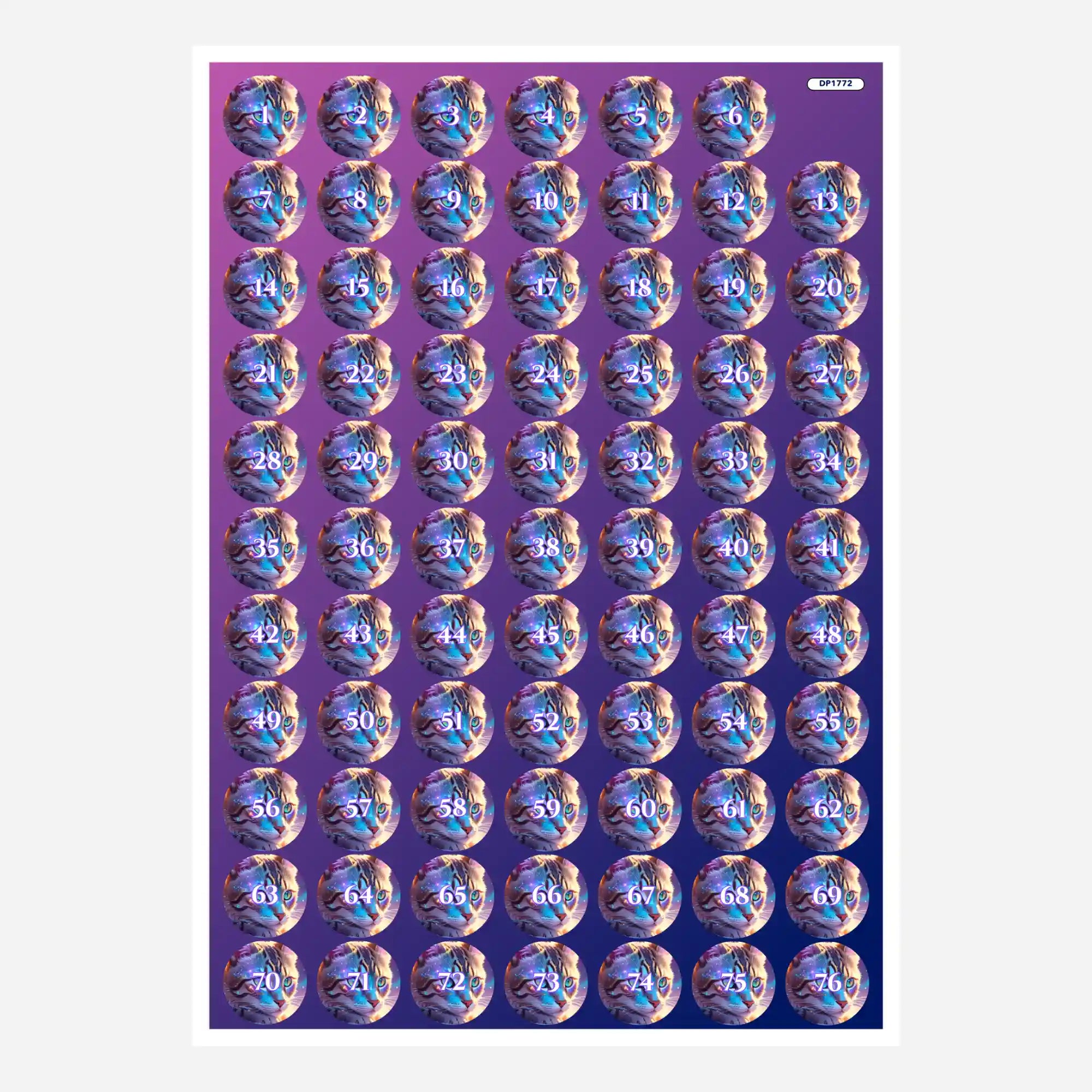 Bogen mit runden Döschenaufklebern für Diamond Painting Zubehör mit Katzenmotiv Samtpfote und fortlaufender Nummerierung