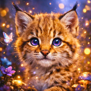Diamond Painting Set eines niedlichen Luchs-Babys mit leuchtenden Schmetterlingen und magischem Wald-Hintergrund
