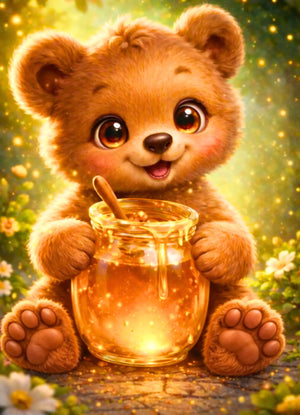 Diamond Painting Set mit niedlichem kleinen Bären, der einen Honigtopf hält, umgeben von Gänseblümchen im Wald.