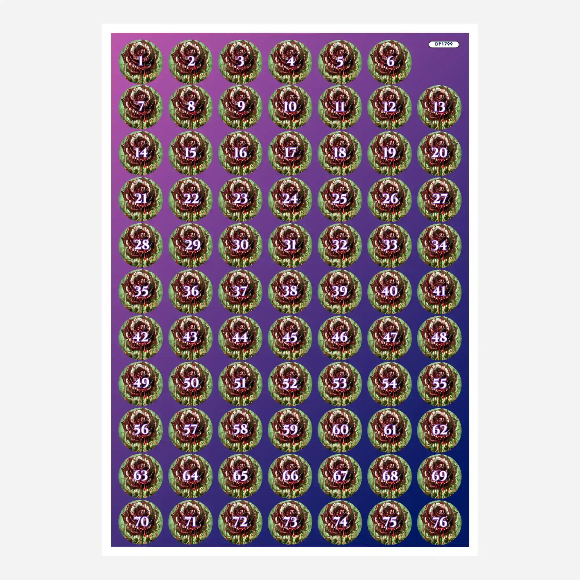 Döschenaufkleber-Set für Diamond Painting zur Sortierung der Steine mit Motiv Die Farbe des Loslassens und Nummern 1-76