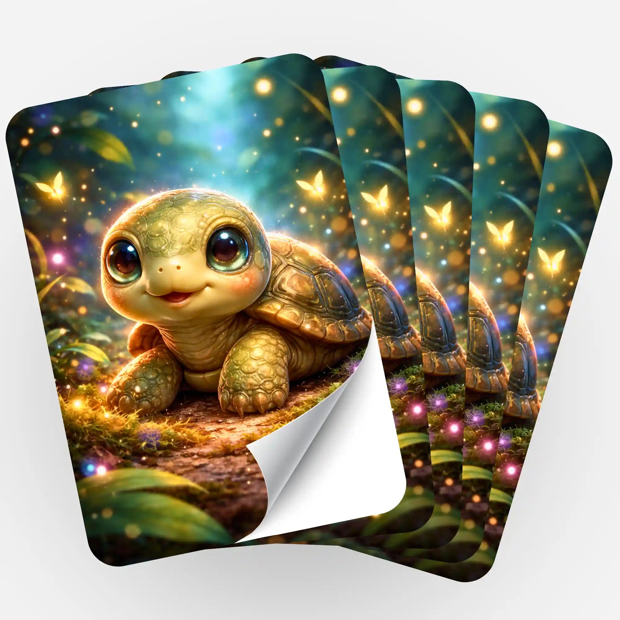 Fünfer-Set Sticker für Diamond Painting mit niedlicher Schildkröte und Glitzereffekten im Wald