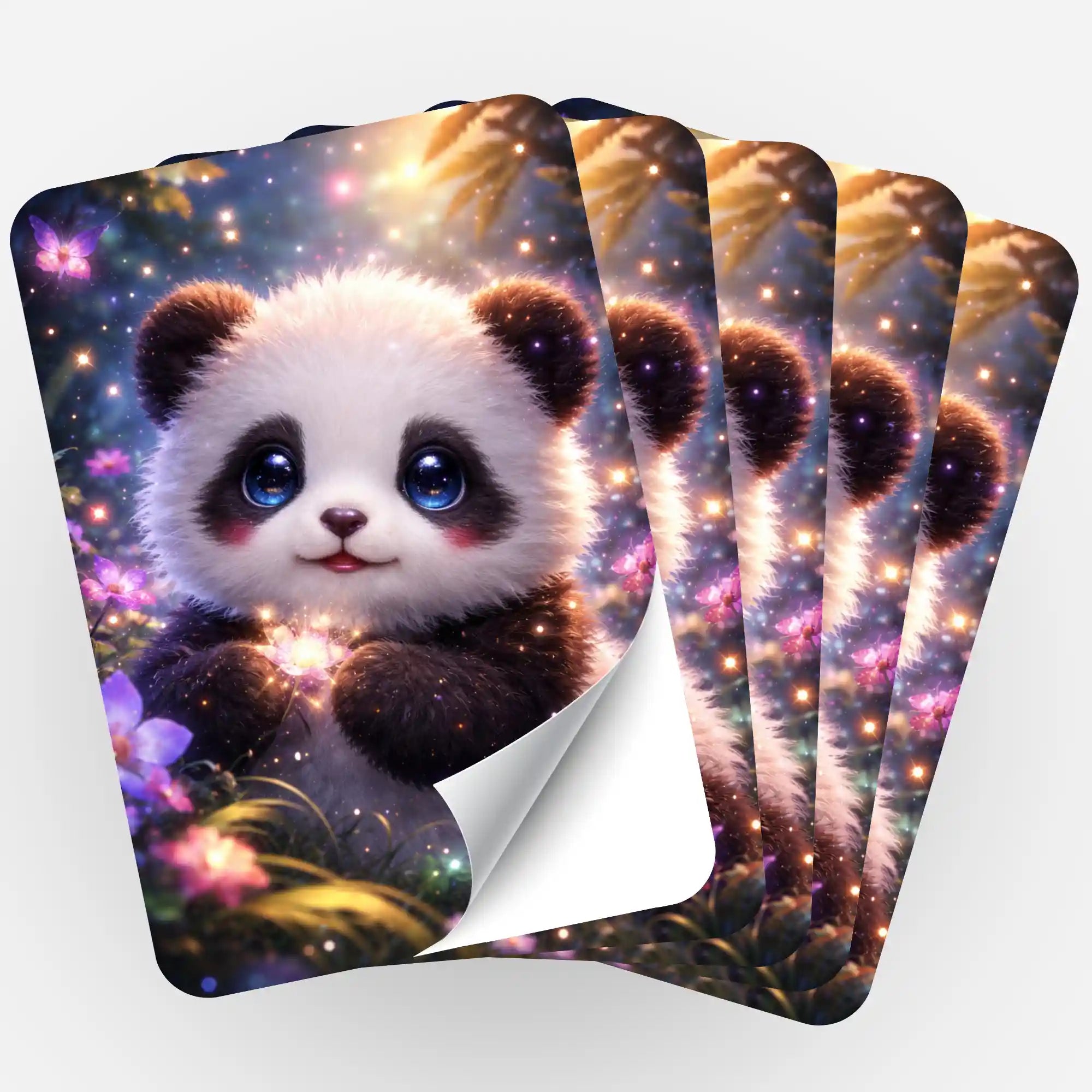 Fünfer-Set Diamond Painting Sticker mit niedlichem Panda-Motiv Still trägt das Licht auf glitzerndem Hintergrund