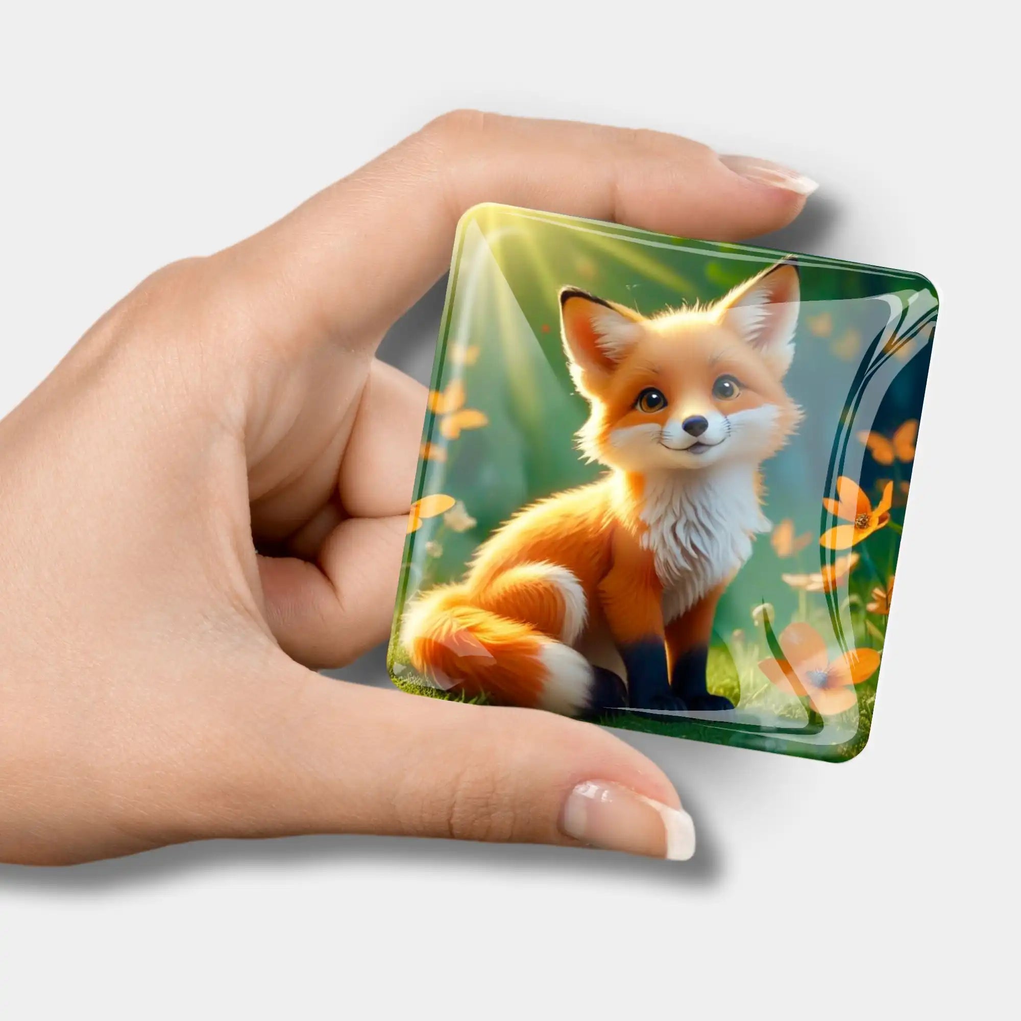 Quadratischer Glas-Cover-Minder mit niedlichem Fuchs-Motiv als praktisches Zubehör für Diamond Painting Projekte.