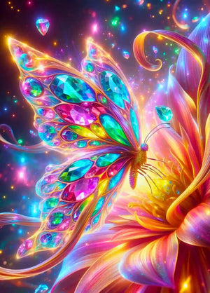 Diamond Painting mit buntem Kristall-Schmetterling auf einer leuchtenden Fantasieblume in Regenbogenfarben