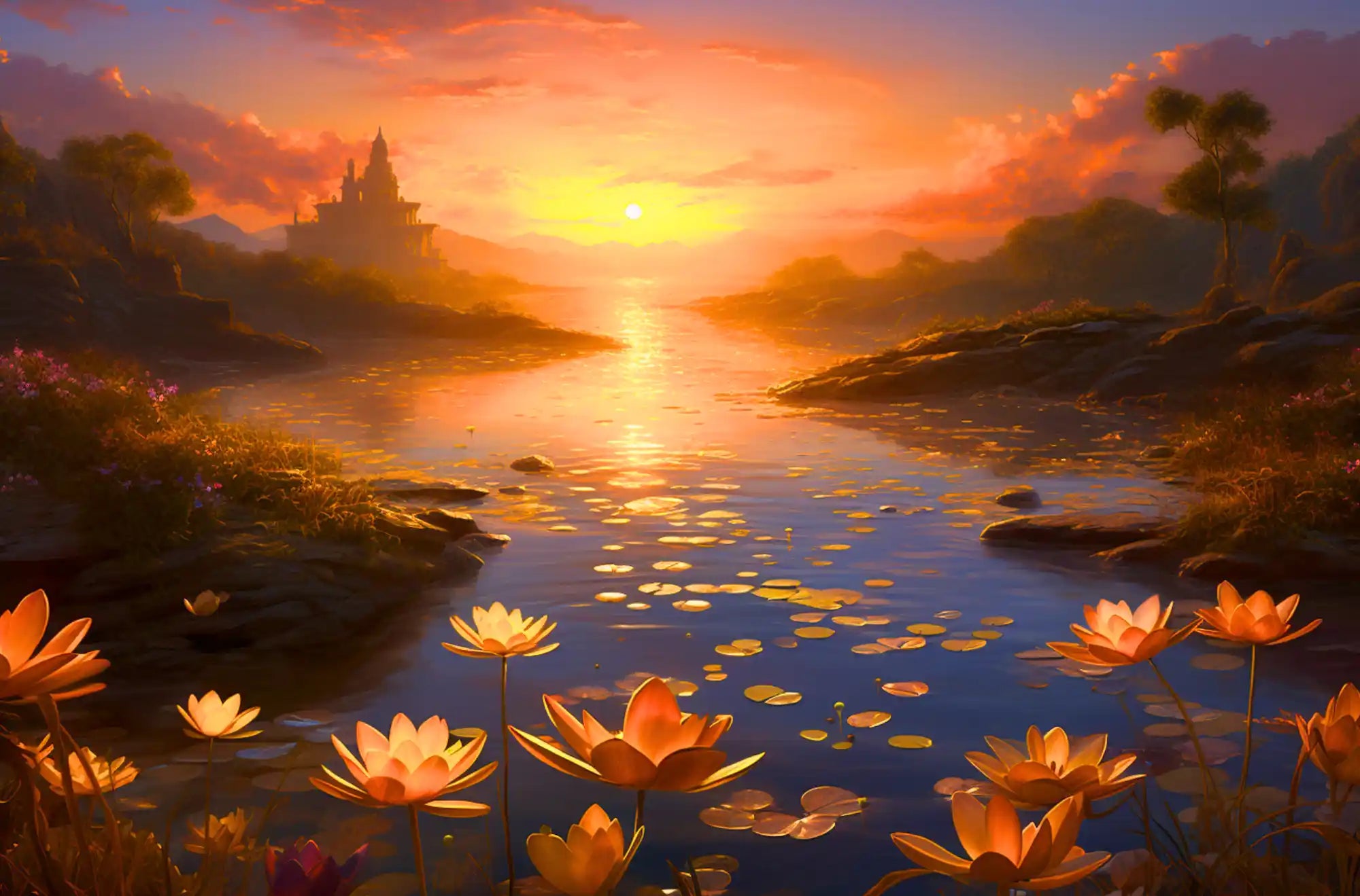 XXL Diamond Painting Set mit Seerosenteich, Märchenschloss und magischem Sonnenuntergang in warmen Farben.