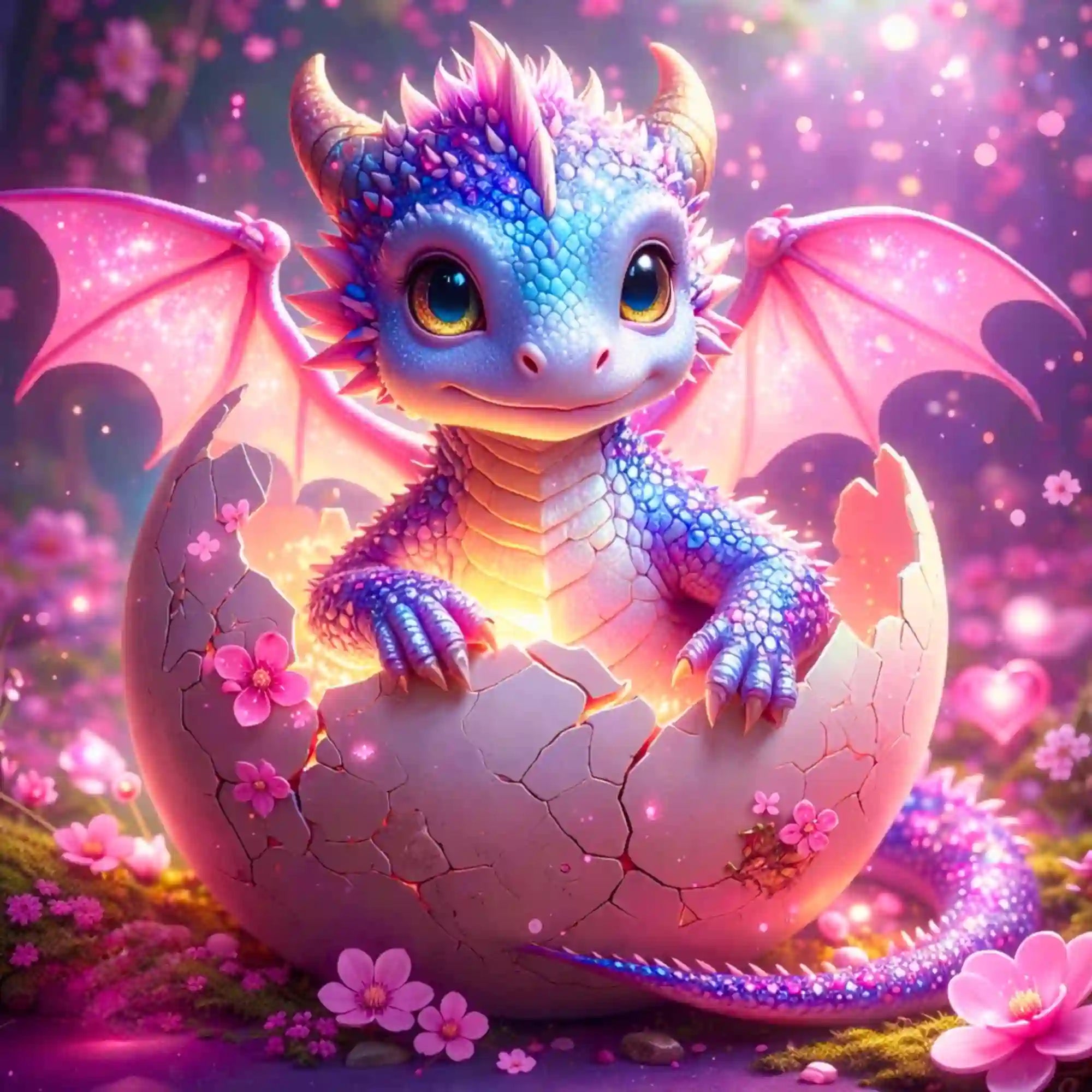 Diamond Painting Set Dragon Sunny: Niedliches Drachenbaby schlüpft aus einem Ei zwischen rosa Kirschblüten im Zauberwald