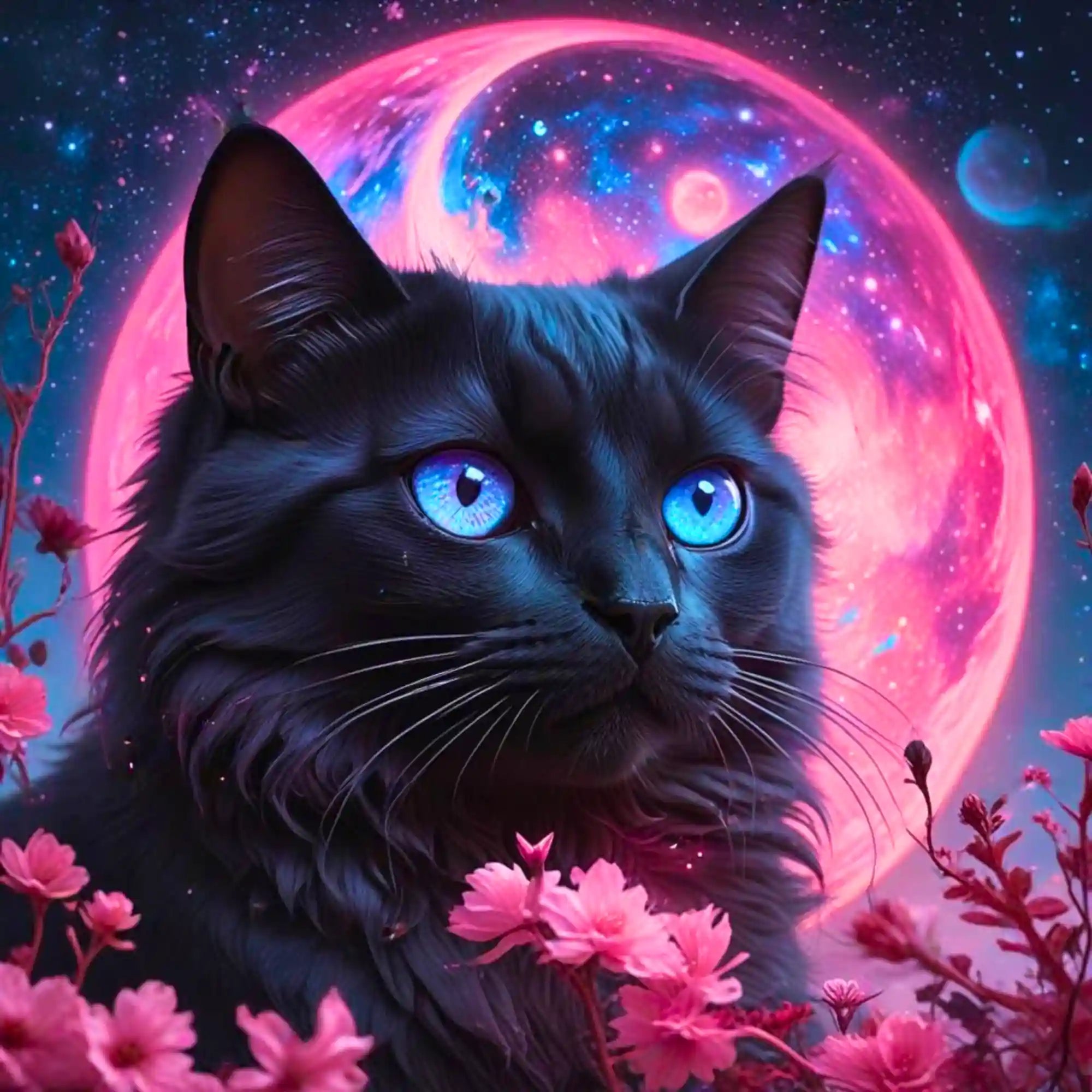 Diamond Painting Katze mit leuchtend blauen Augen vor pinkem Vollmond, Sternenhimmel und Kirschblüten.