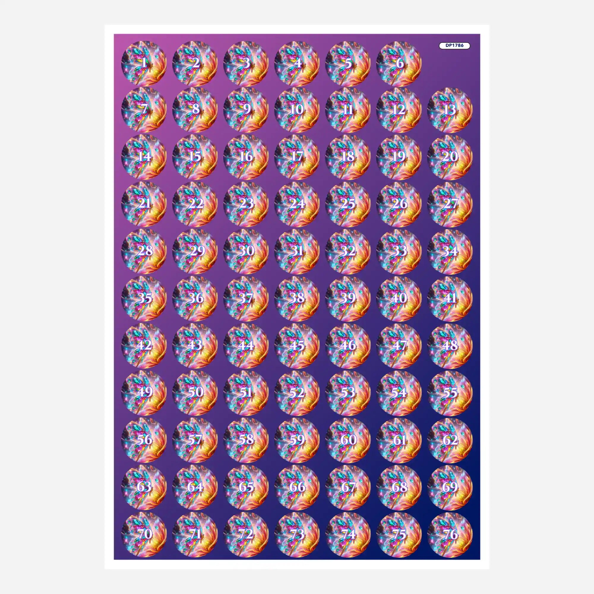 Bunte Diamond Painting Döschenaufkleber mit Zahlen 1 bis 76 zur einfachen Sortierung der Steine bei DIY-Kunstwerken