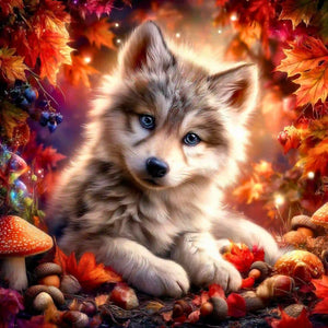 Diamond Painting Set Akiro mit süßem Wolfswelpen im goldenen Herbstwald, umgeben von bunten Blättern und Pilzen.