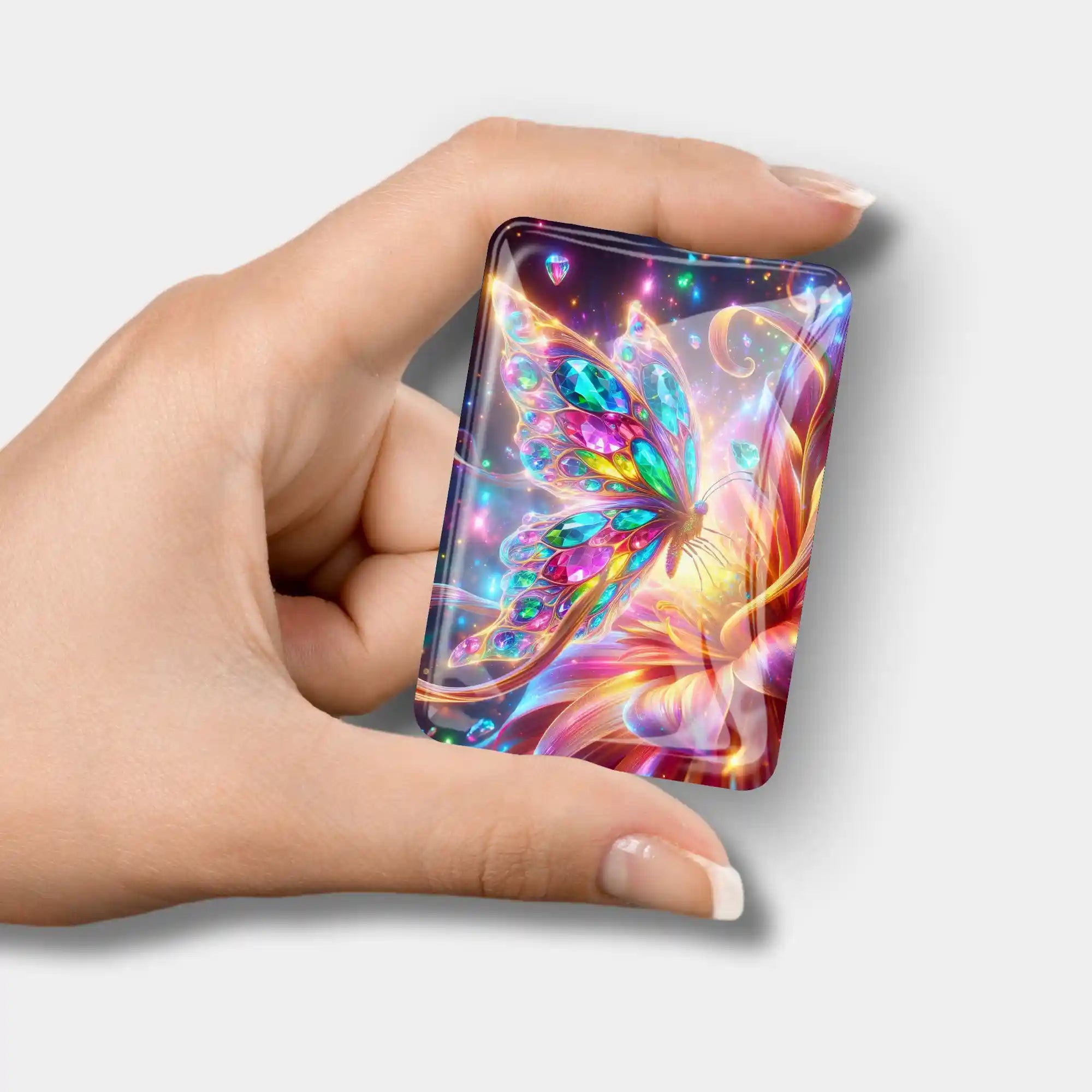 Magnetischer Diamond Painting Cover Minder mit buntem Schmetterling-Motiv und funkelnden Glas-Details in Frauenhand