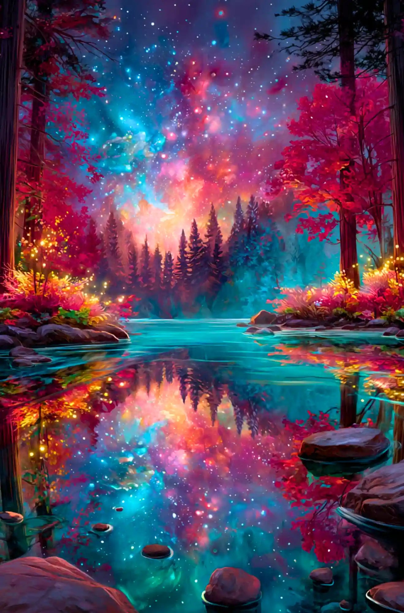 Diamond Painting Set eines magischen Waldes mit spiegelndem See unter einem farbenprächtigen Galaxiehimmel bei Nacht