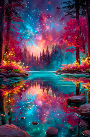 Diamond Painting Set eines magischen Waldes mit spiegelndem See unter einem farbenprächtigen Galaxiehimmel bei Nacht