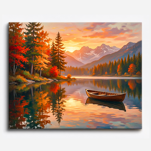 Malen nach Zahlen für Erwachsene: Ruhige See im Herbst mit Ruderboot, Bergen und herbstlichem Wald bei Sonnenuntergang.