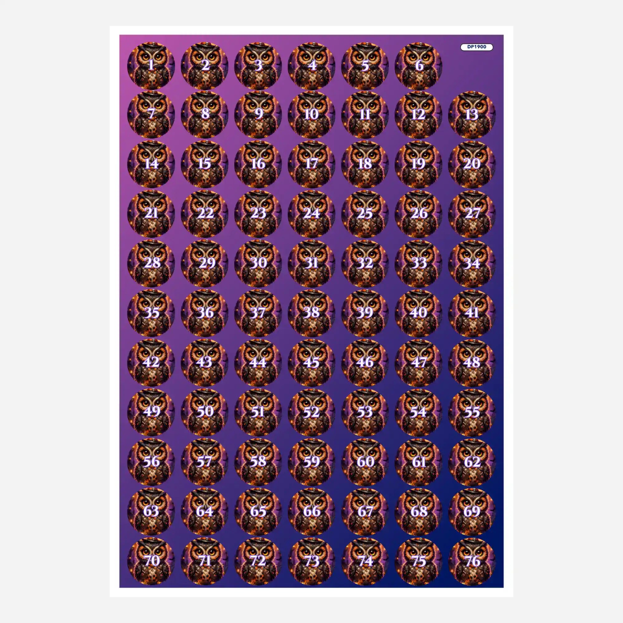 Döschenaufkleber Wächter der Kürbisnacht für Diamond Painting Zubehör mit Eulen-Motiv und 76 nummerierten Stickern.