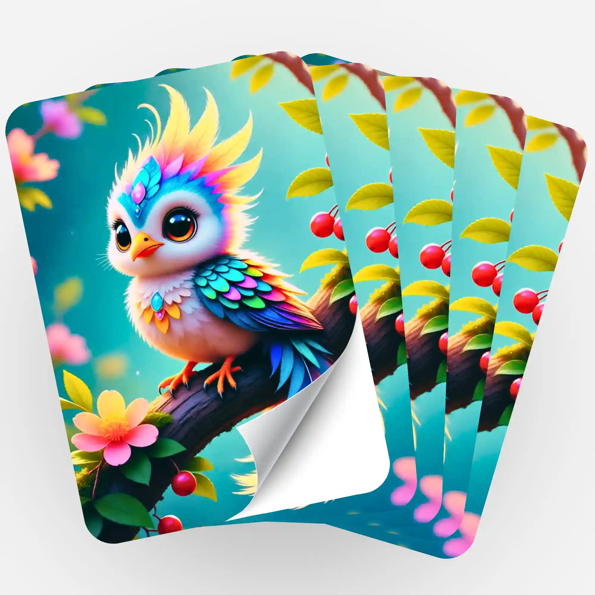Fünf Picmondoo Aufkleber mit buntem Vogel Motiv als Zubehör für Diamond Painting und Bastelprojekte
