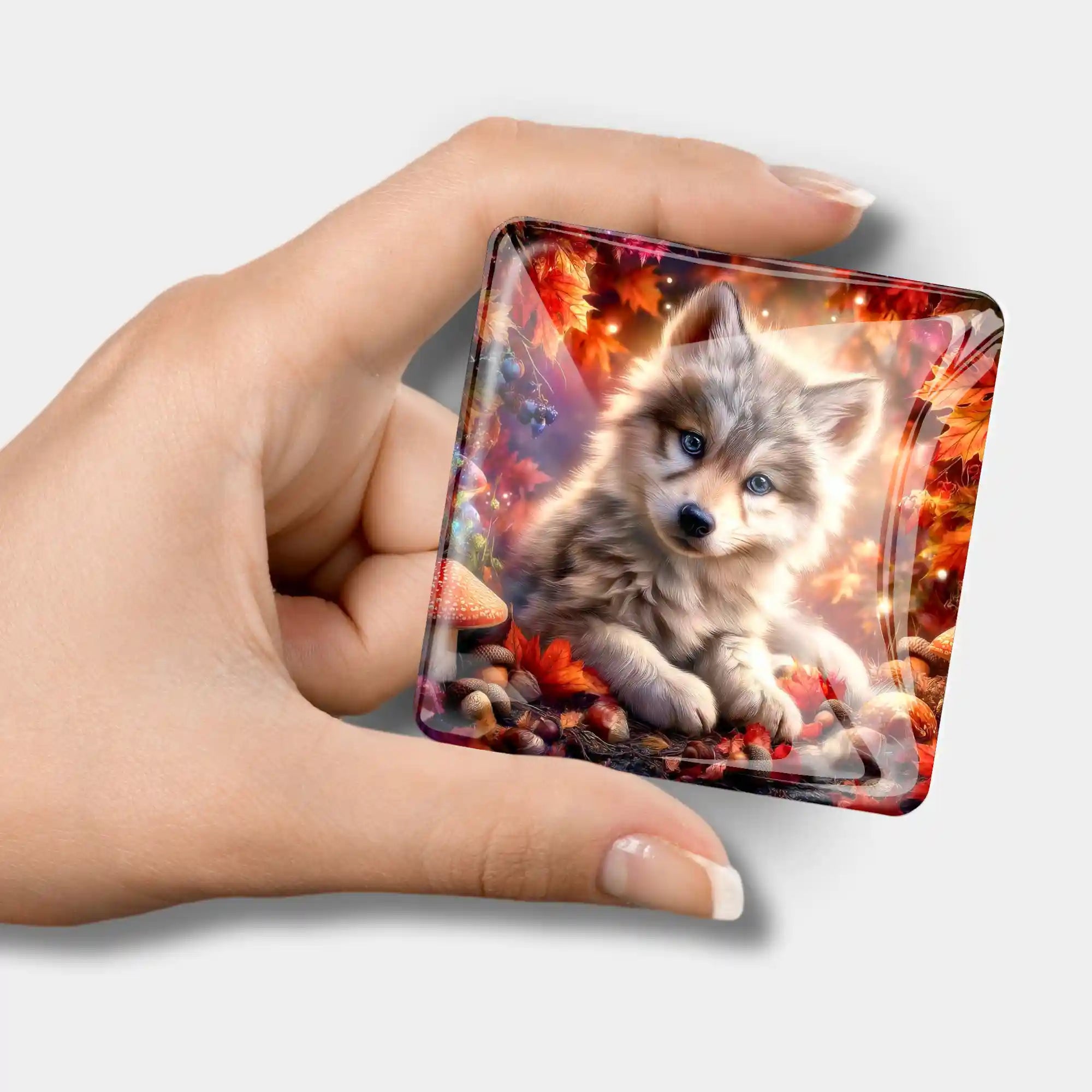 Glas Cover Minder Akiro mit Wolfsmotiv als praktisches Zubehör für Diamond Painting und Bastelsets