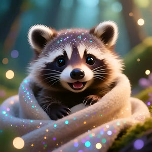 Süßes Diamond Painting mit einem Waschbär-Baby im Handtuch, glitzernde Details und große Augen für strahlende DIY-Kunst.