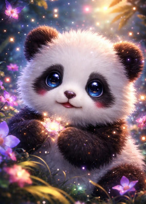 Diamond Painting Set mit niedlichem Pandababy, umgeben von leuchtenden Blumen und Schmetterlingen im magischen Wald.