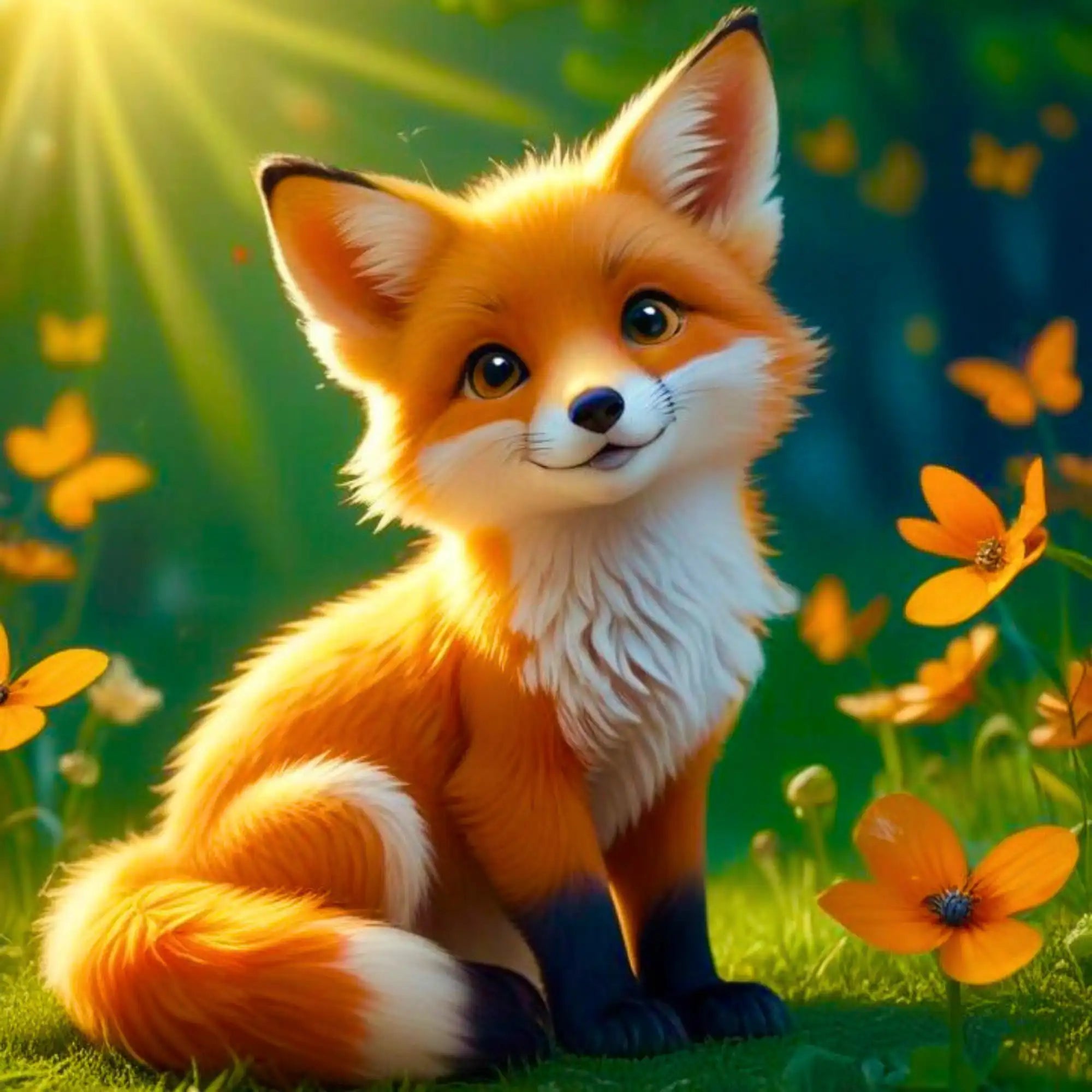 Diamond Painting Set Foxy Casper: Niedlicher Fuchs im sonnigen Wald umgeben von orangefarbenen Blumen und Schmetterlingen.