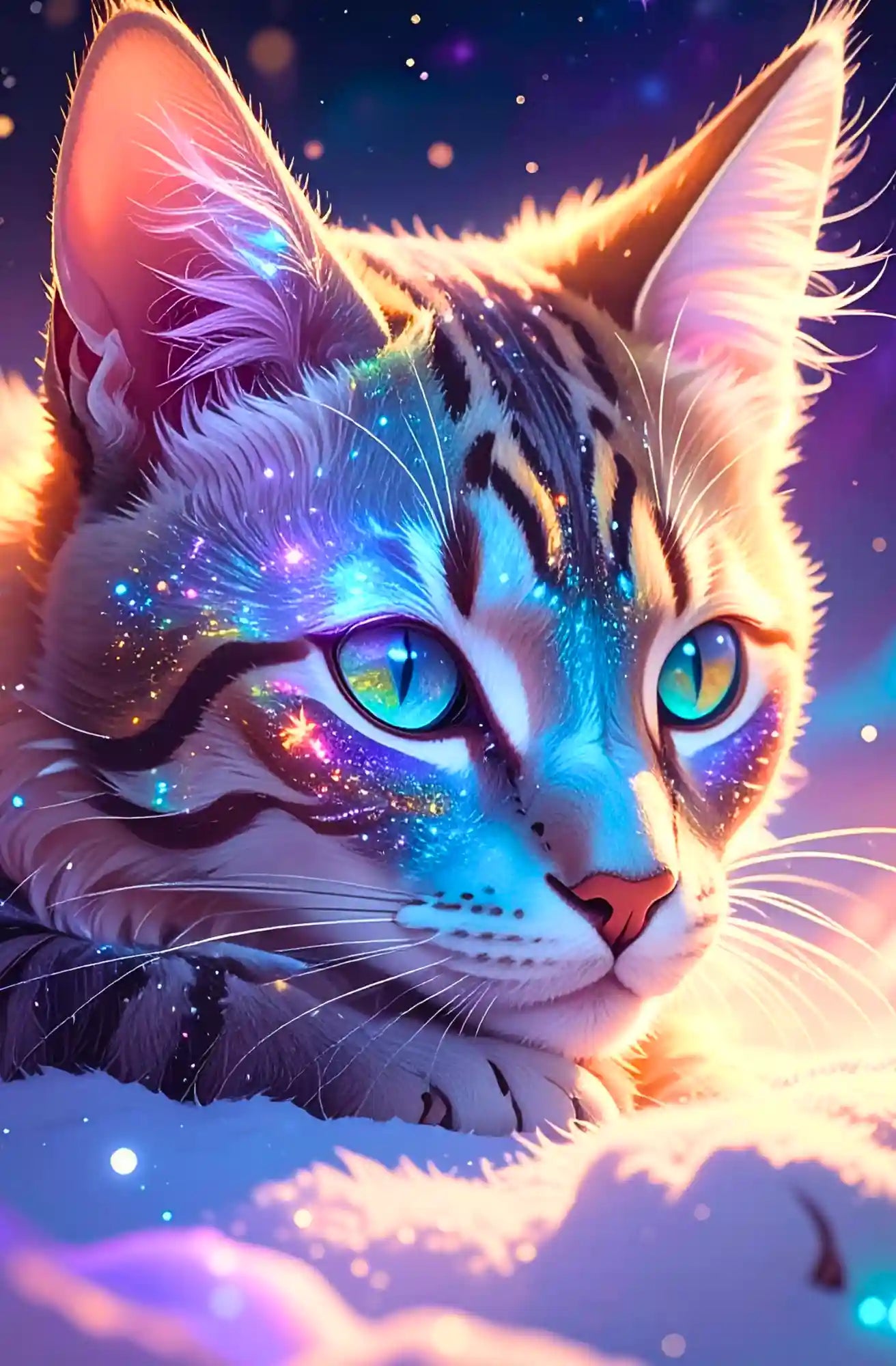 Diamond Painting Set Katze mit leuchtenden Augen und glitzerndem Fell im Fantasy-Stil für kreative Bastelstunden.