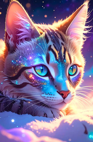 Diamond Painting Set Katze mit leuchtenden Augen und glitzerndem Fell im Fantasy-Stil für kreative Bastelstunden.