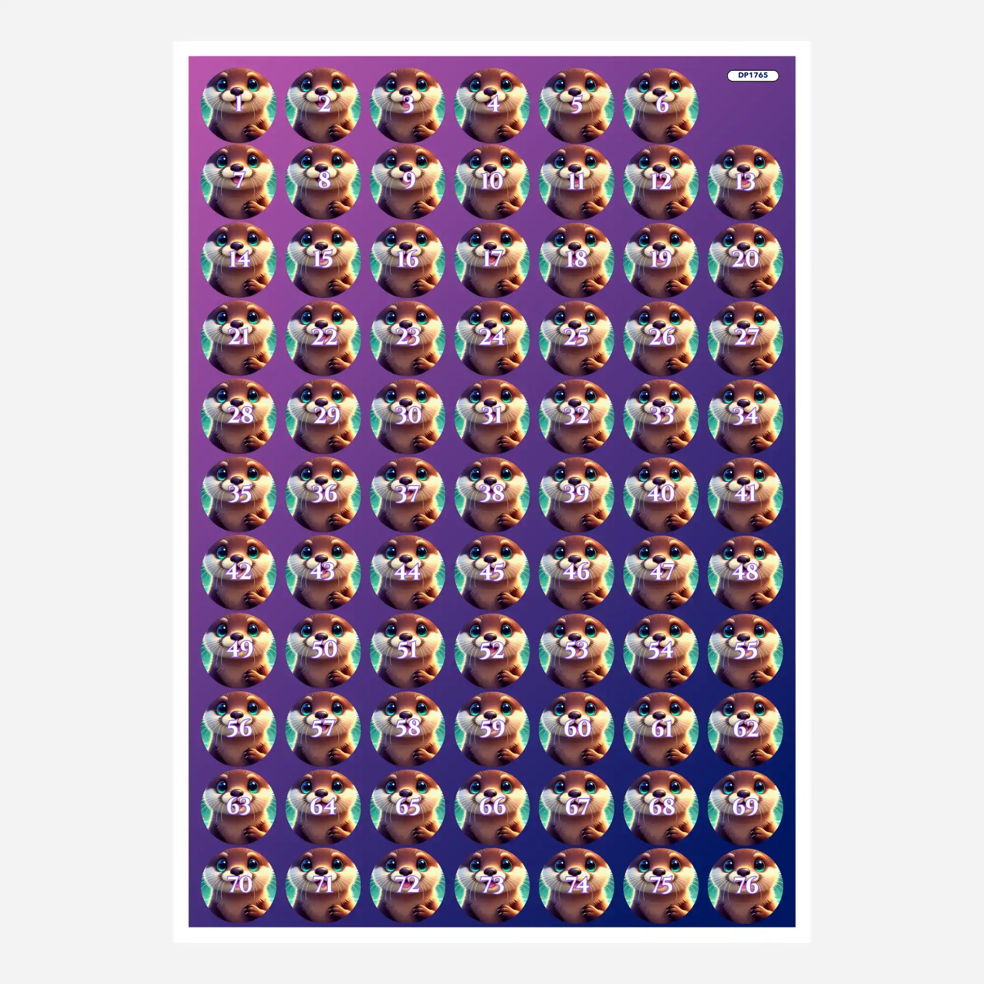Bogen mit runden Döschenaufklebern für Diamond Painting mit niedlichem Otter-Motiv und Zahlen von 1 bis 76 zur Sortierung.
