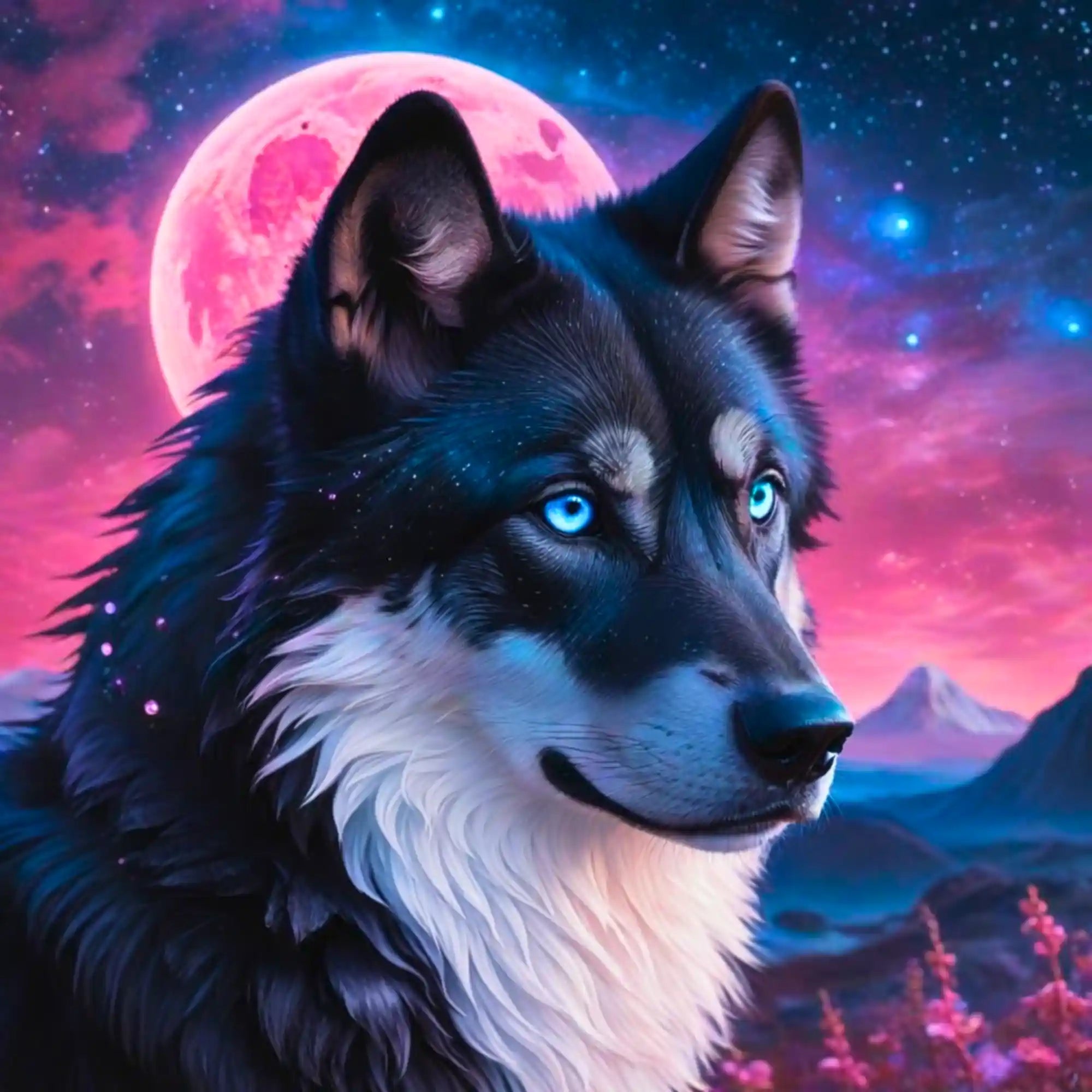 Diamond Painting Set mit magischem Wolf, glühenden blauen Augen und rotem Erdbeermond vor nächtlichem Sternenhimmel.
