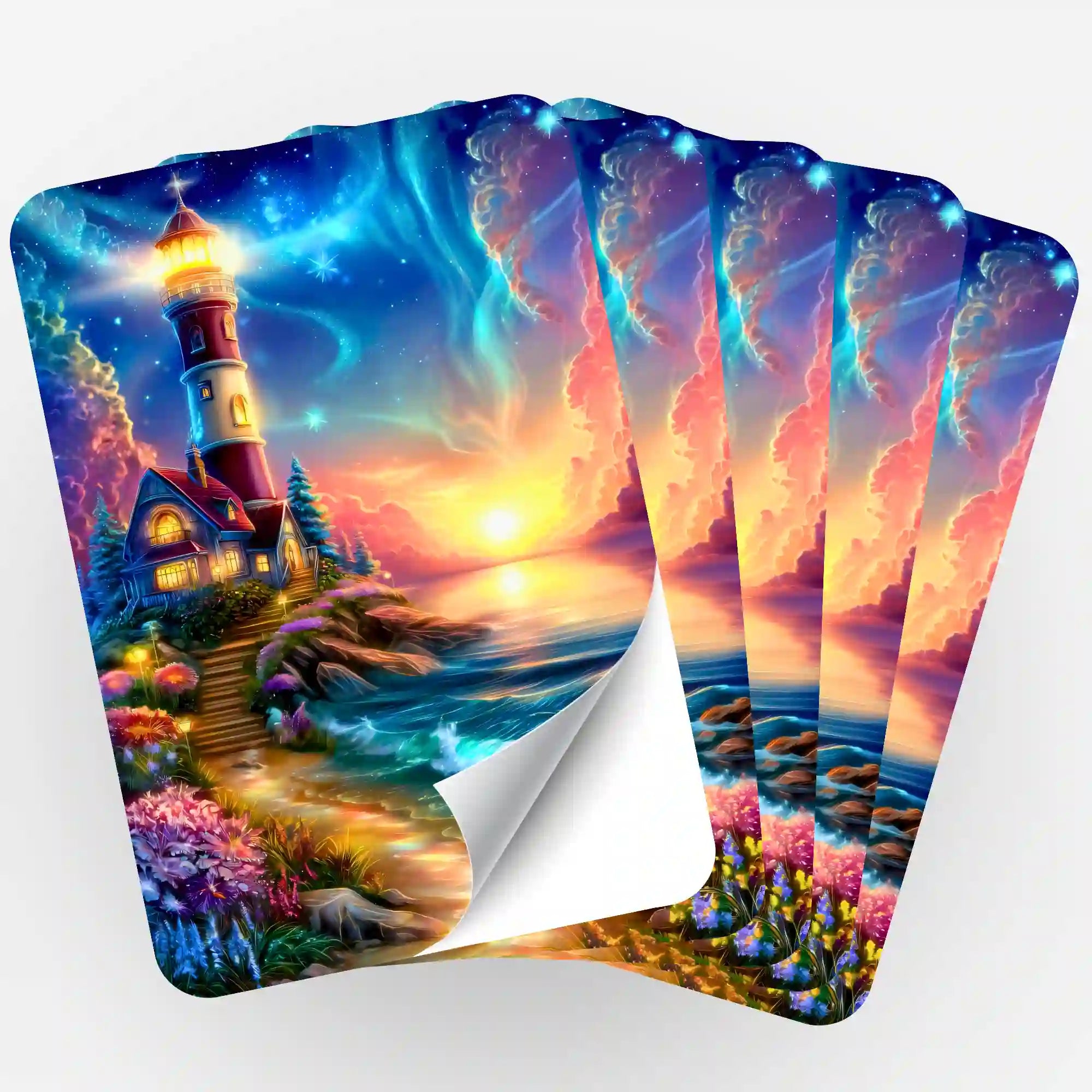 Fächerfächer aus 5 Diamond Painting Aufklebern mit Leuchtturm Motiv Wächter des Horizonts bei Sonnenuntergang