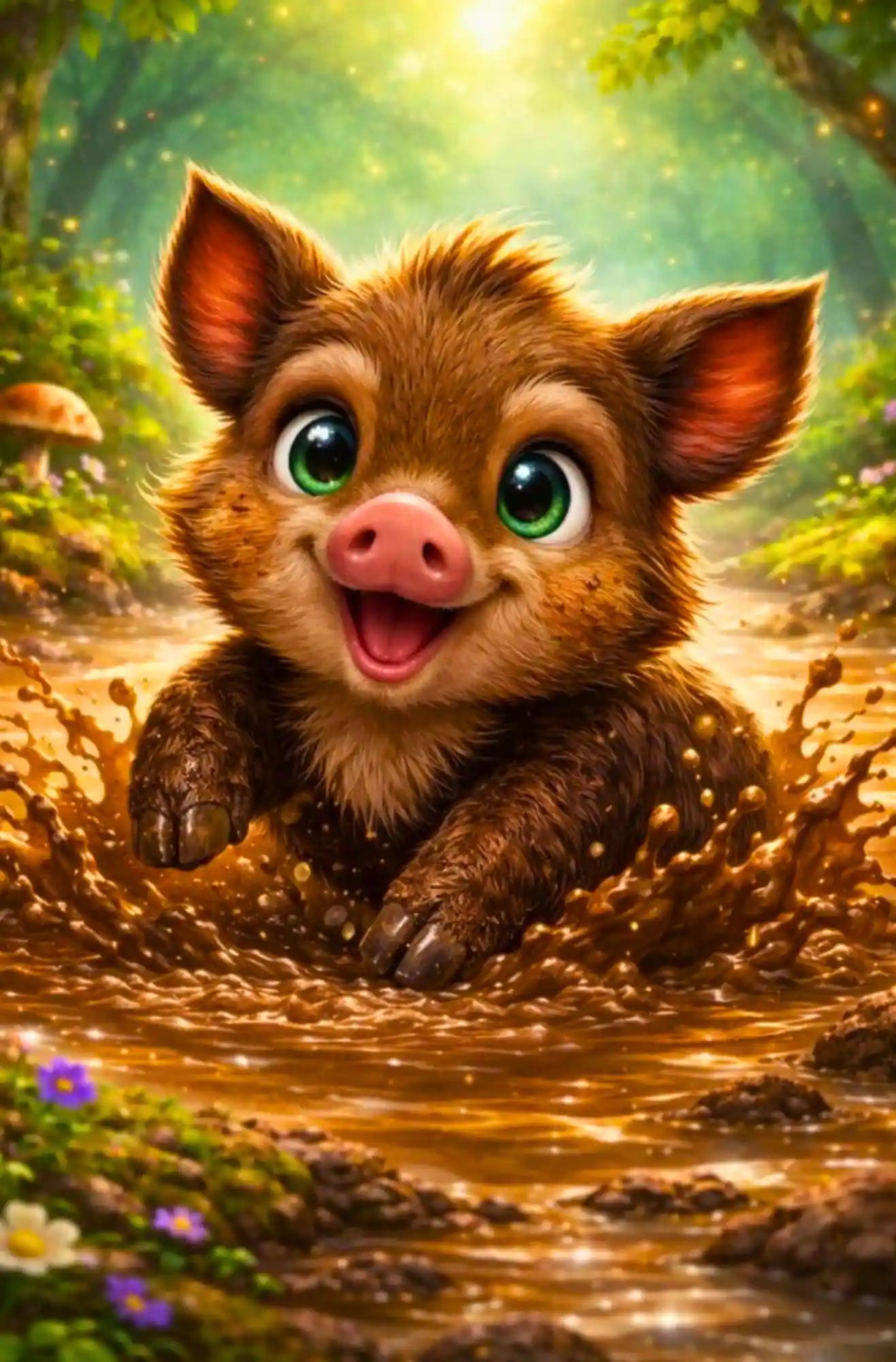 Diamond Painting Set Pfützenglück mit niedlichem Wildschweinbaby, das in einer Matschpfütze im Märchenwald spielt.