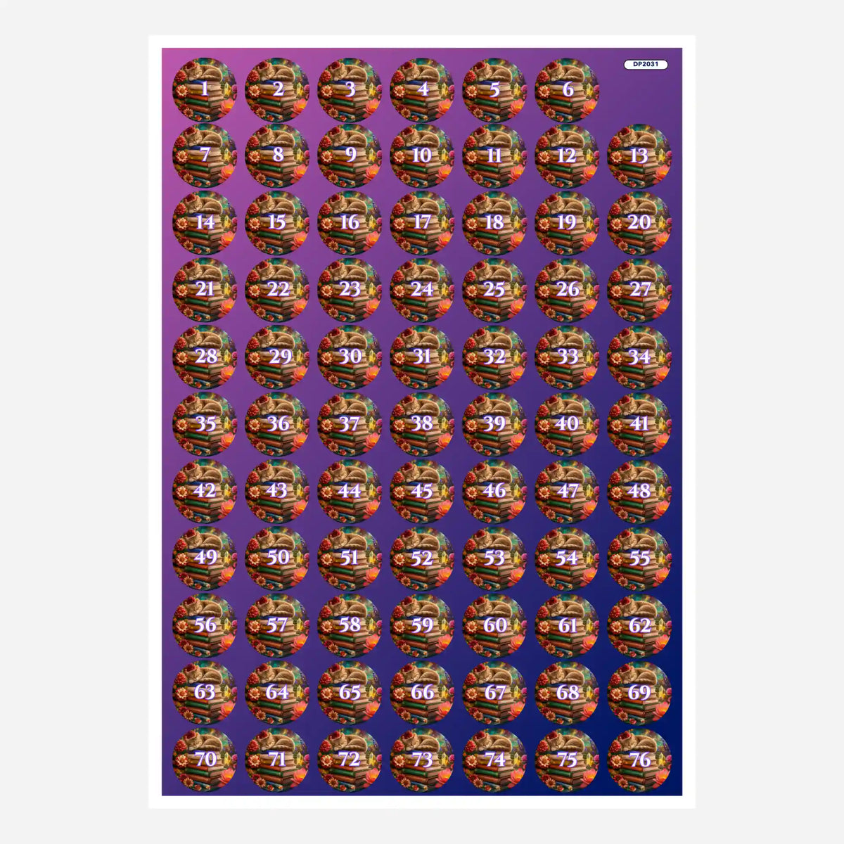 Diamond Painting Döschenaufkleber Bücherträumerei mit nummerierten Stickern einer schlafenden Katze auf Büchern.