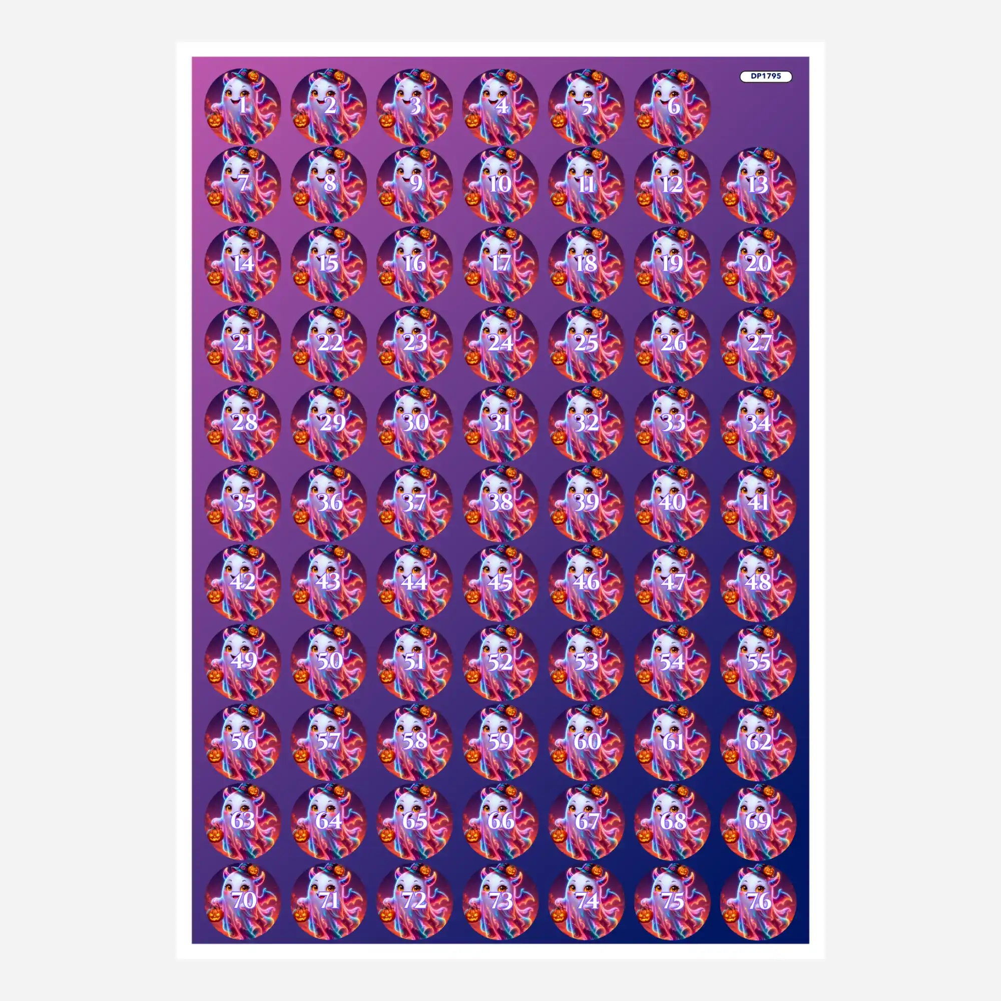 Bogen mit runden Döschenaufklebern für Diamond Painting Zubehör mit Motiv Die Nacht darf lachen und Zahlen von 1 bis 76